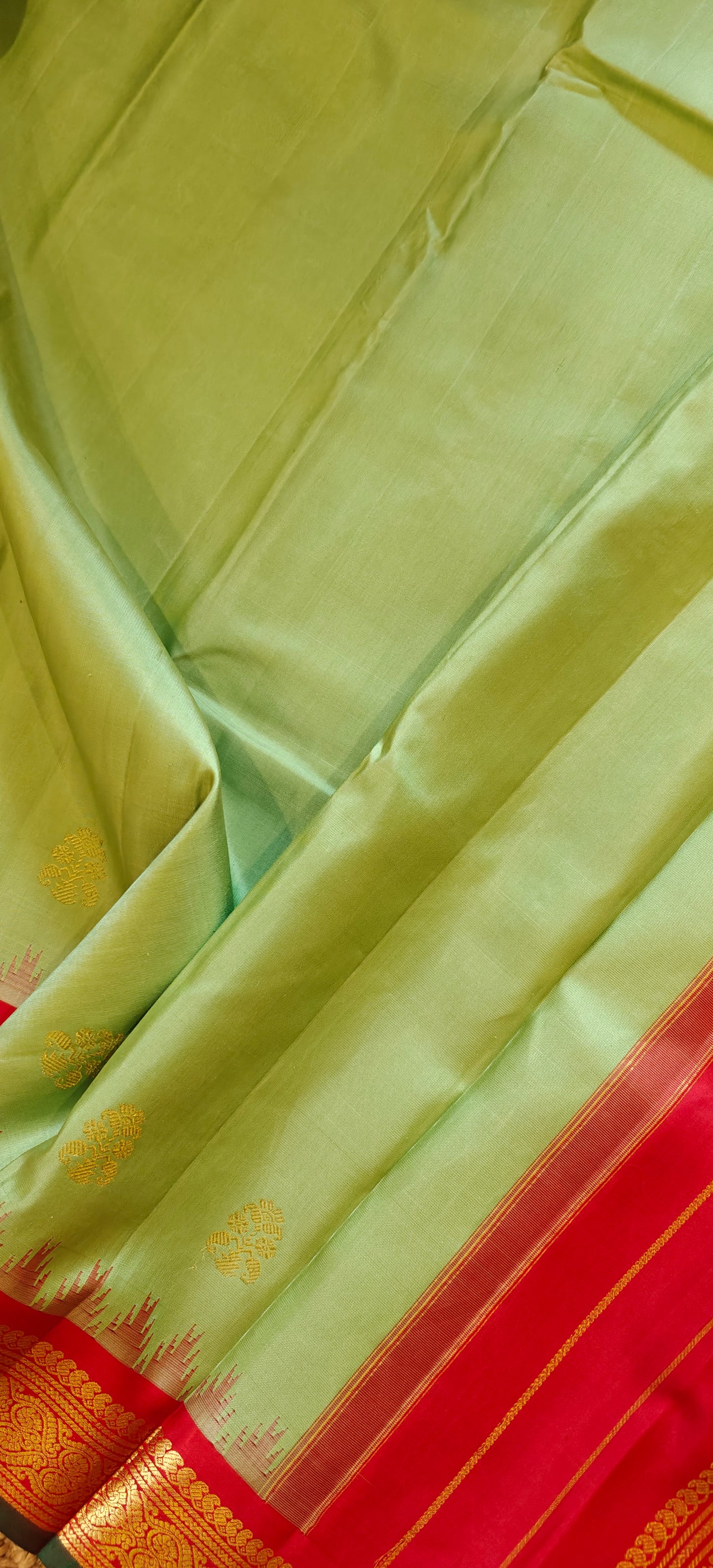 Pista Green and Red Handwoven Gadwal Silk Sari