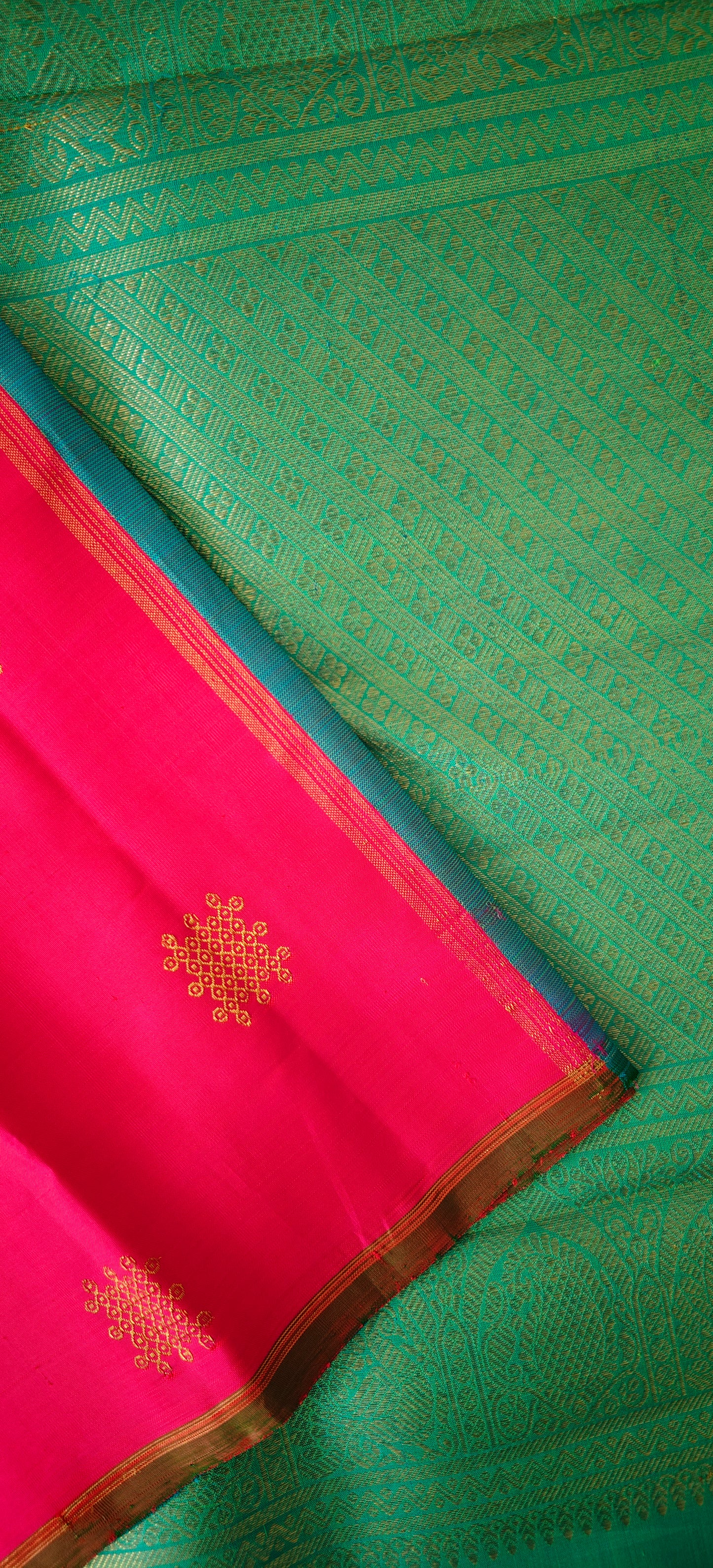 Pink and Blue Borderless Kolam Handwoven Kanjivaram Silk Sari