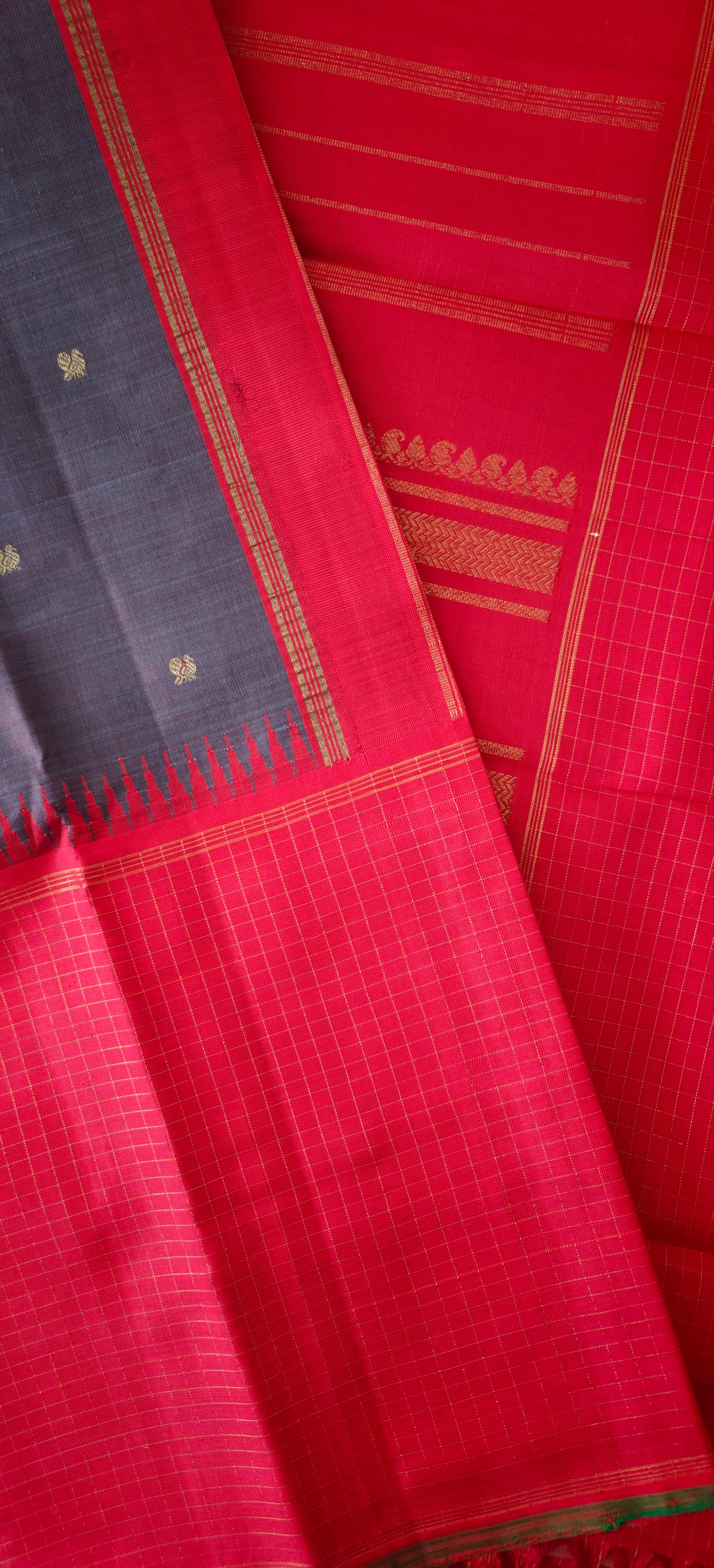 Grey with purple undertone and Red Mubbagam kanjivaram