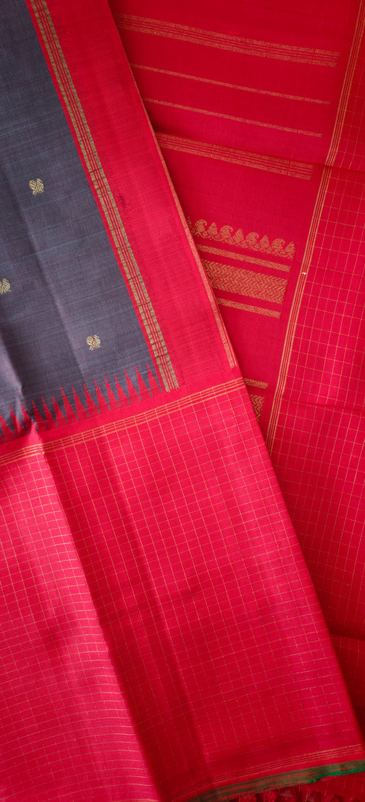 Grey with purple undertone and Red Mubbagam kanjivaram