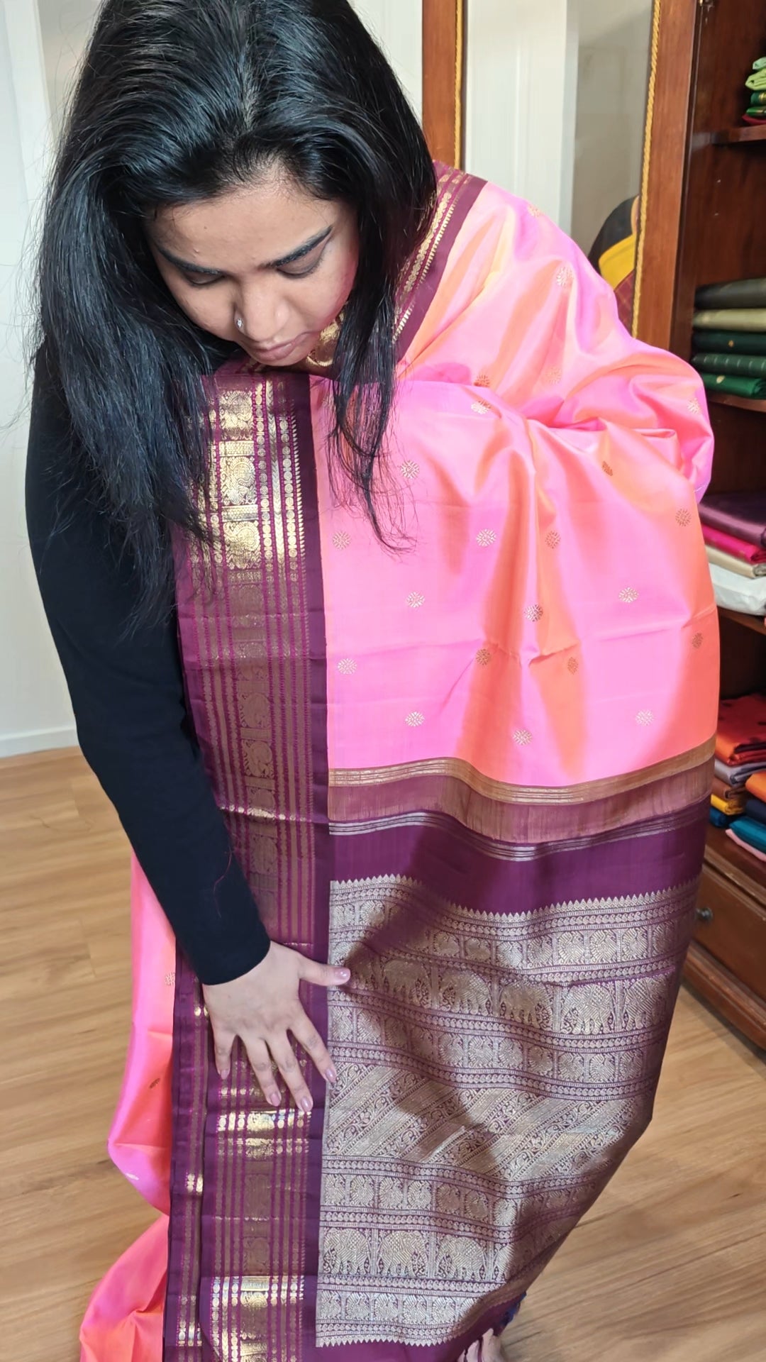 Bright pink and maroon kanjivaram silk saree