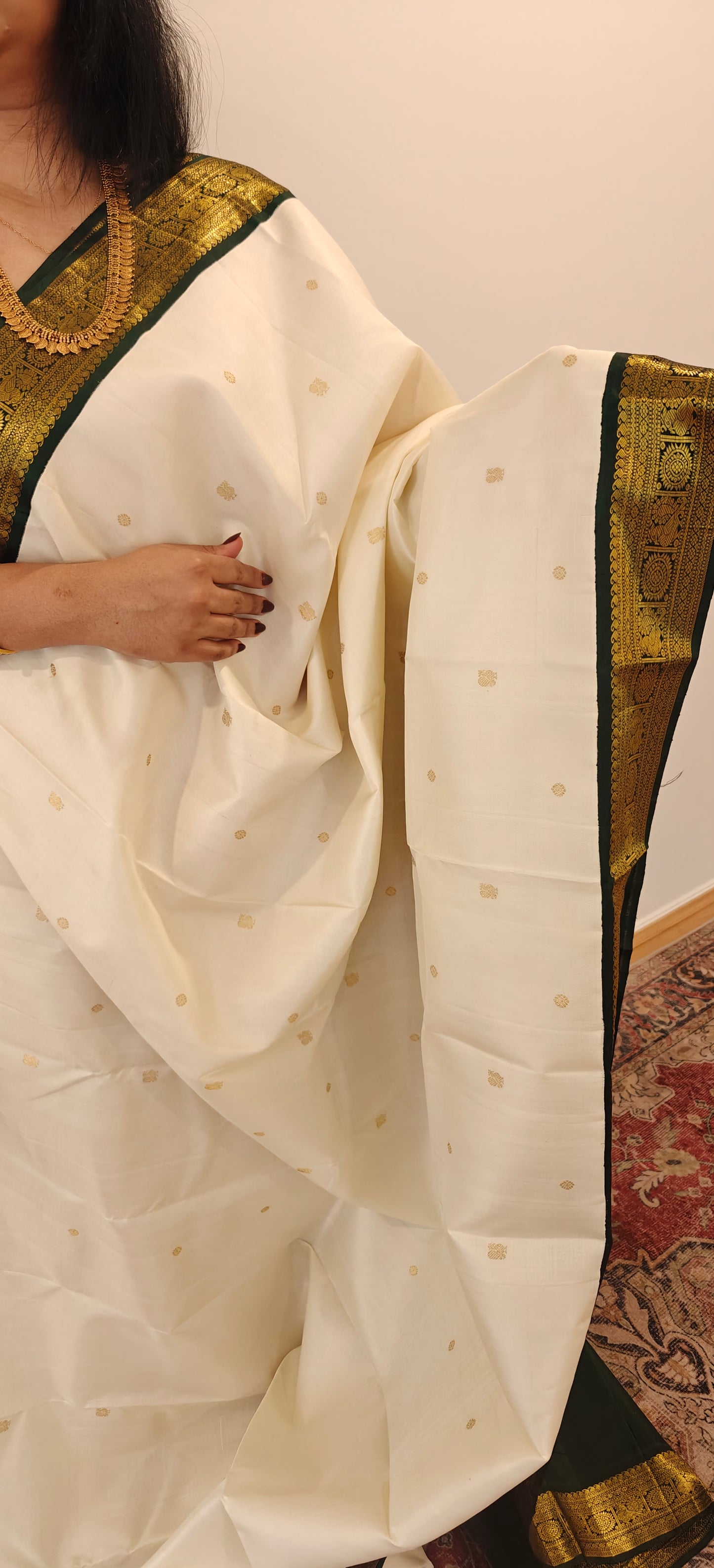 Cream and White -Korvai Kanjivaram Silk Sari