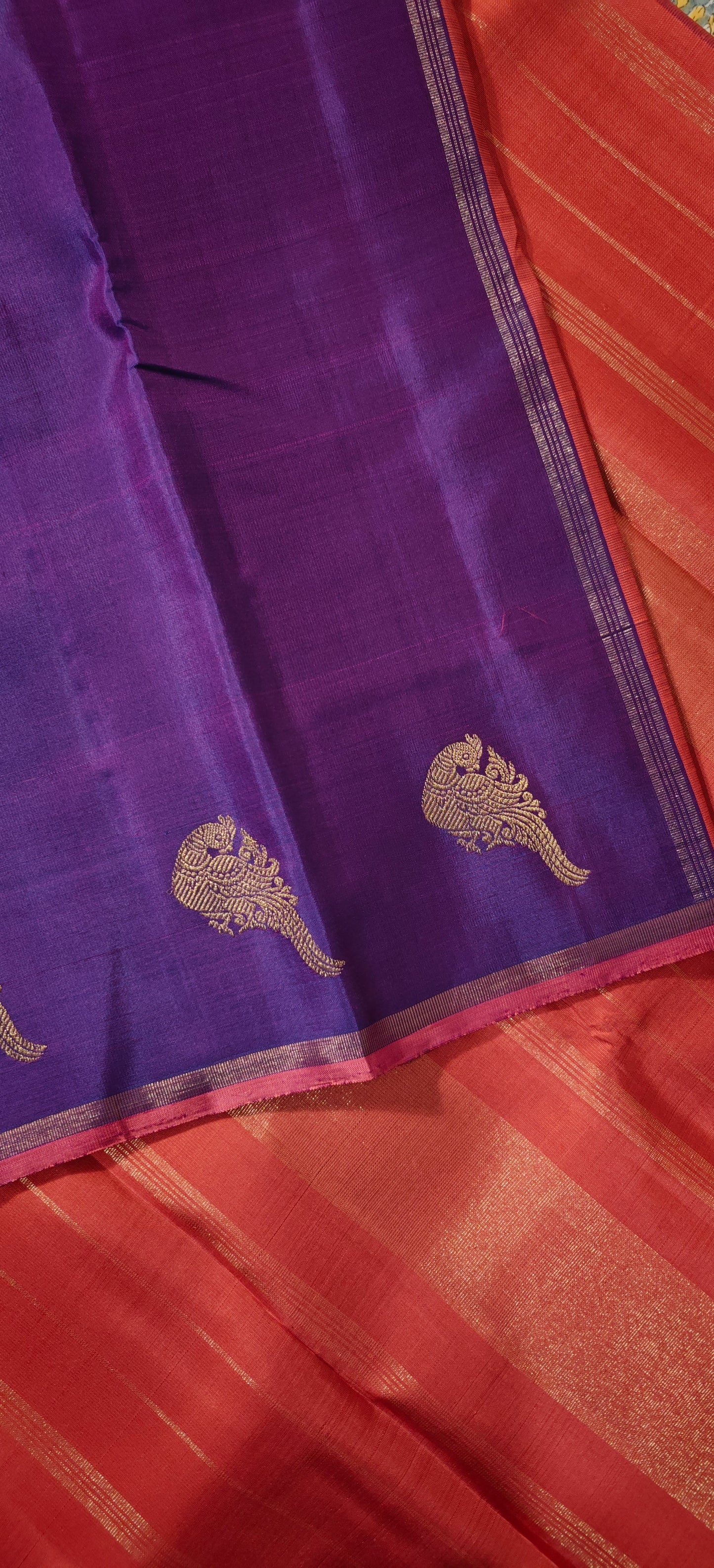 Purple and Peachy pink borderless kanjivaram silk saree