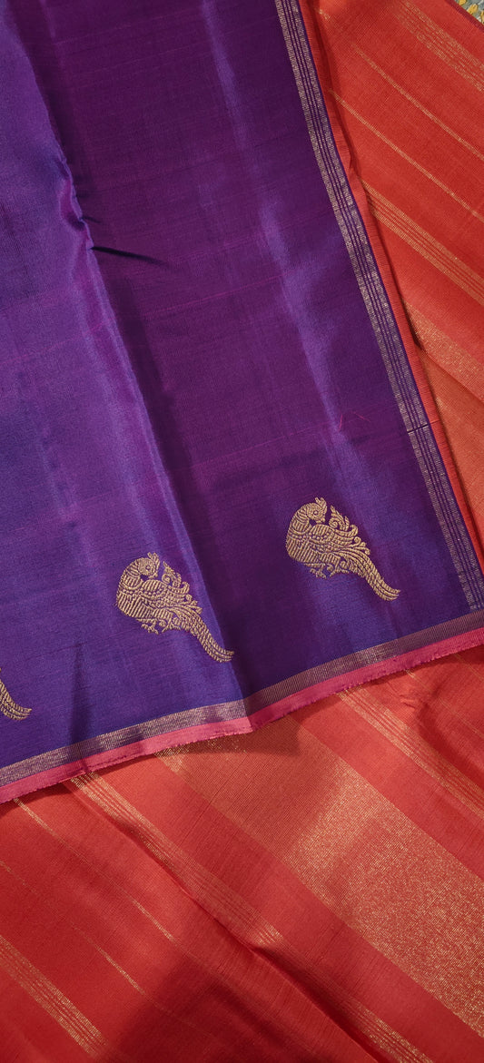 Purple and Peachy pink borderless kanjivaram silk saree