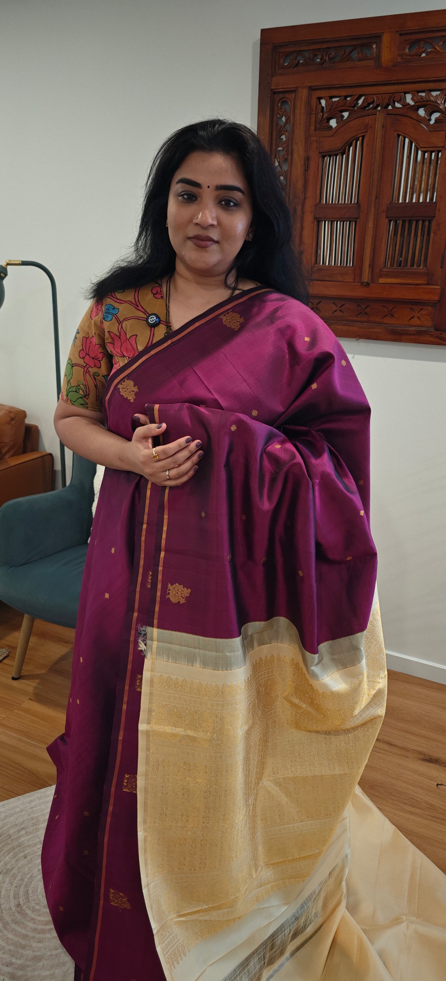 Wine and Cream kanjivaram silk sari