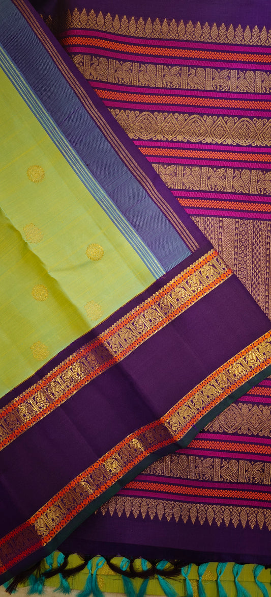 Greenish blue(Ponvandu) with Purple Kanjivaram silk saree