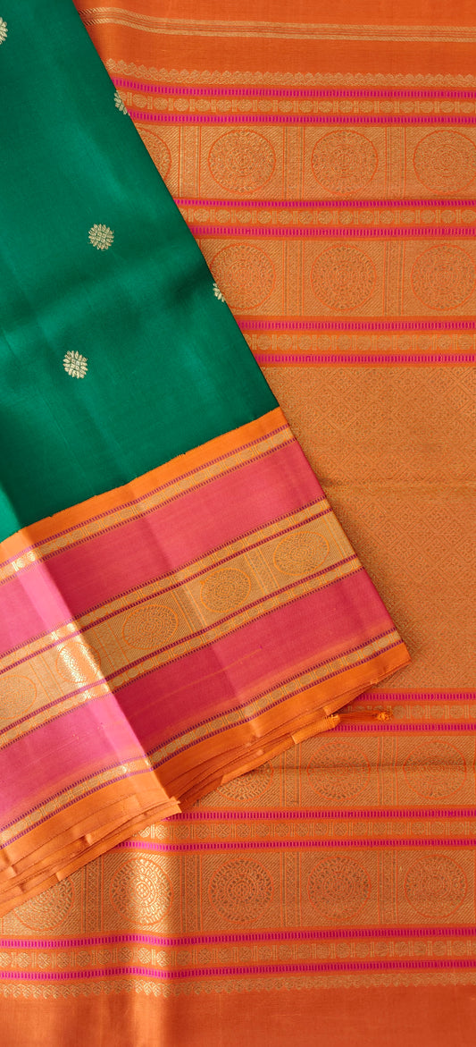 Green and Rani Pink  with Orange Kanjivaram Saree | 3-gram Zari