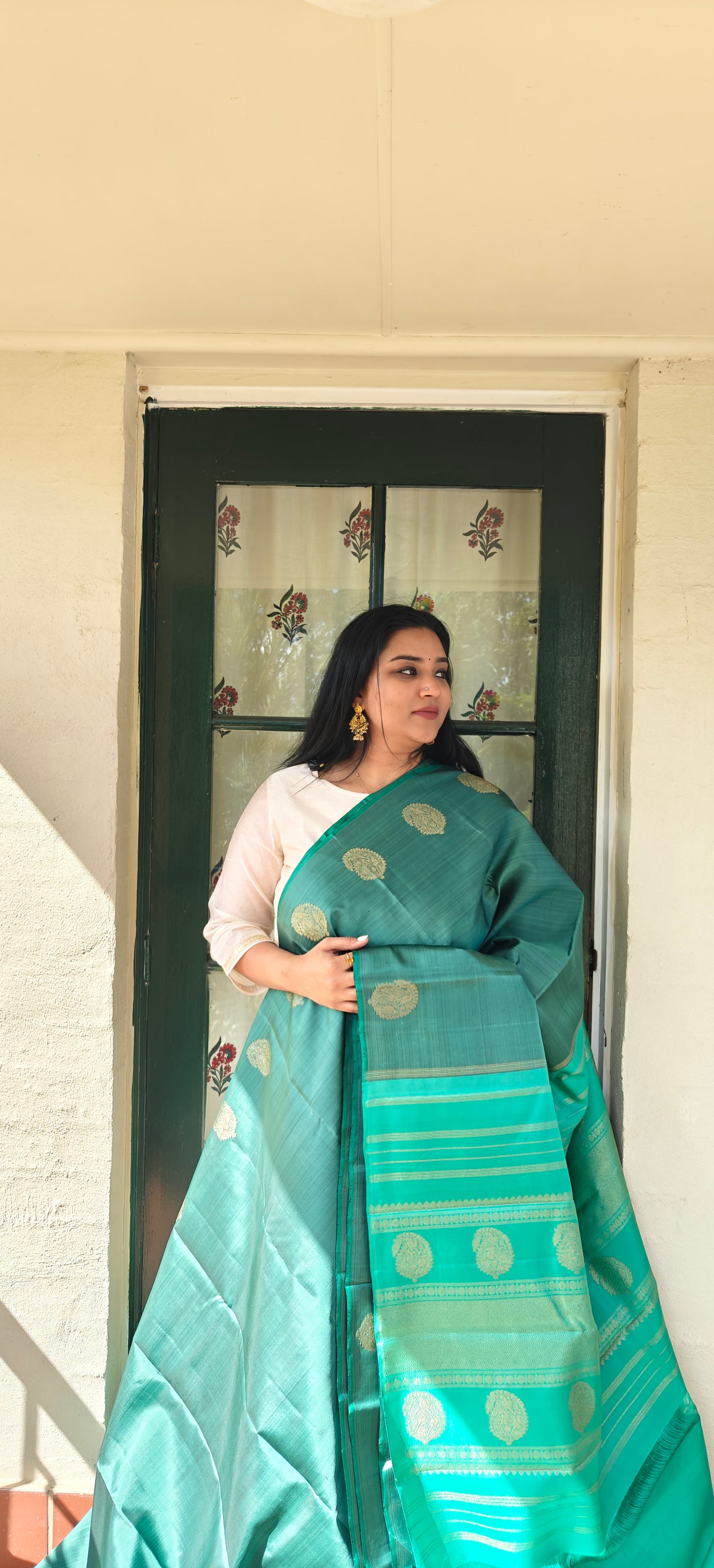 Jade Green with Turquoise Blue-Kanjivaram Silk Saree