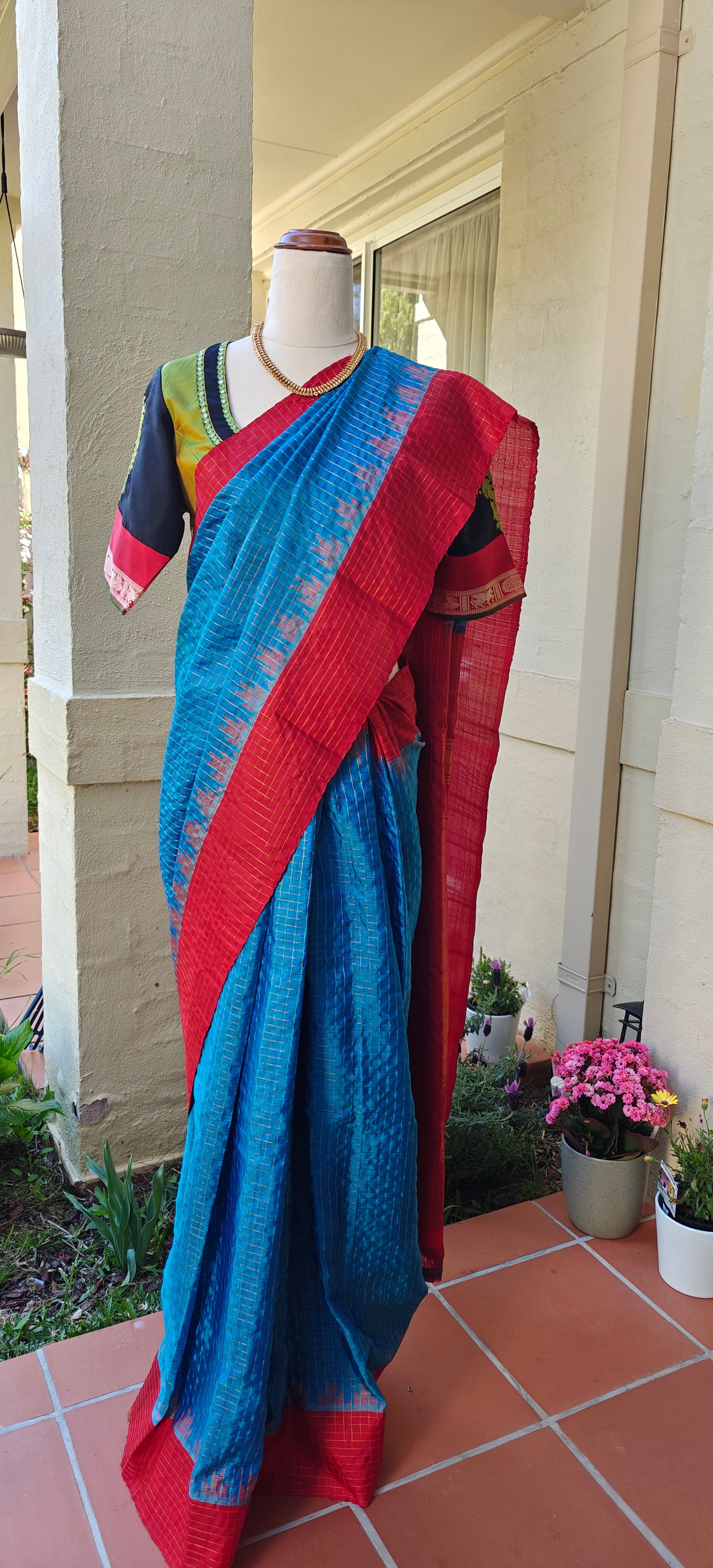 Blue and Red zari checks Gadwal Silk Saree