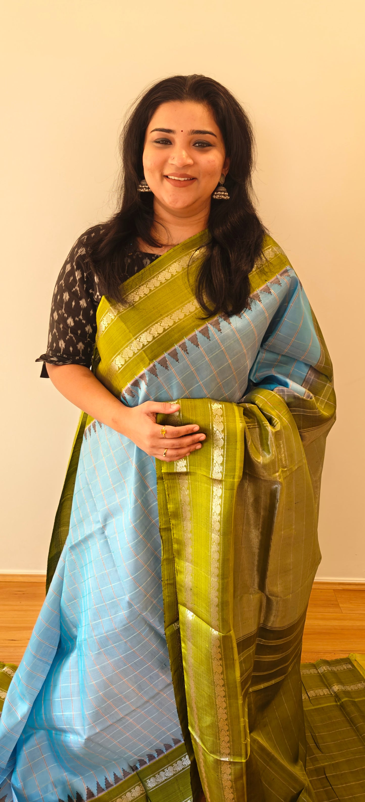 Sky Blue and Leaf Green Gadwal Silk Saree