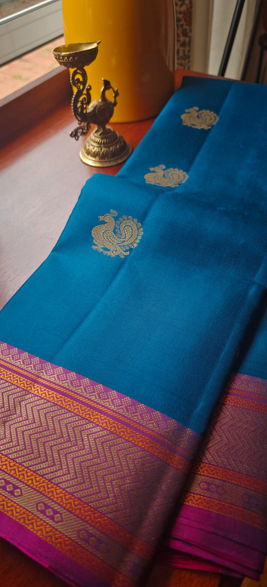 Sapphire & Magenta No Zari Handwoven Kanjivaram