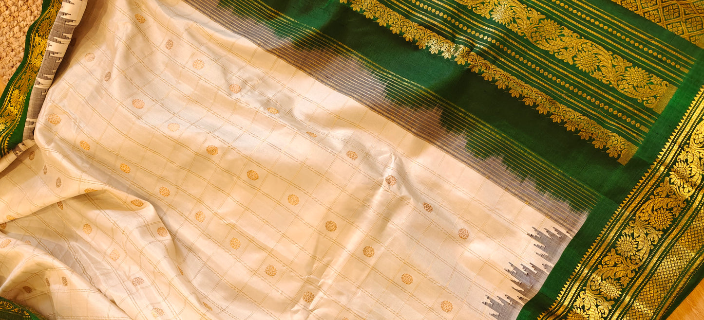 White and Green Handwoven Gadwal Silk Sari