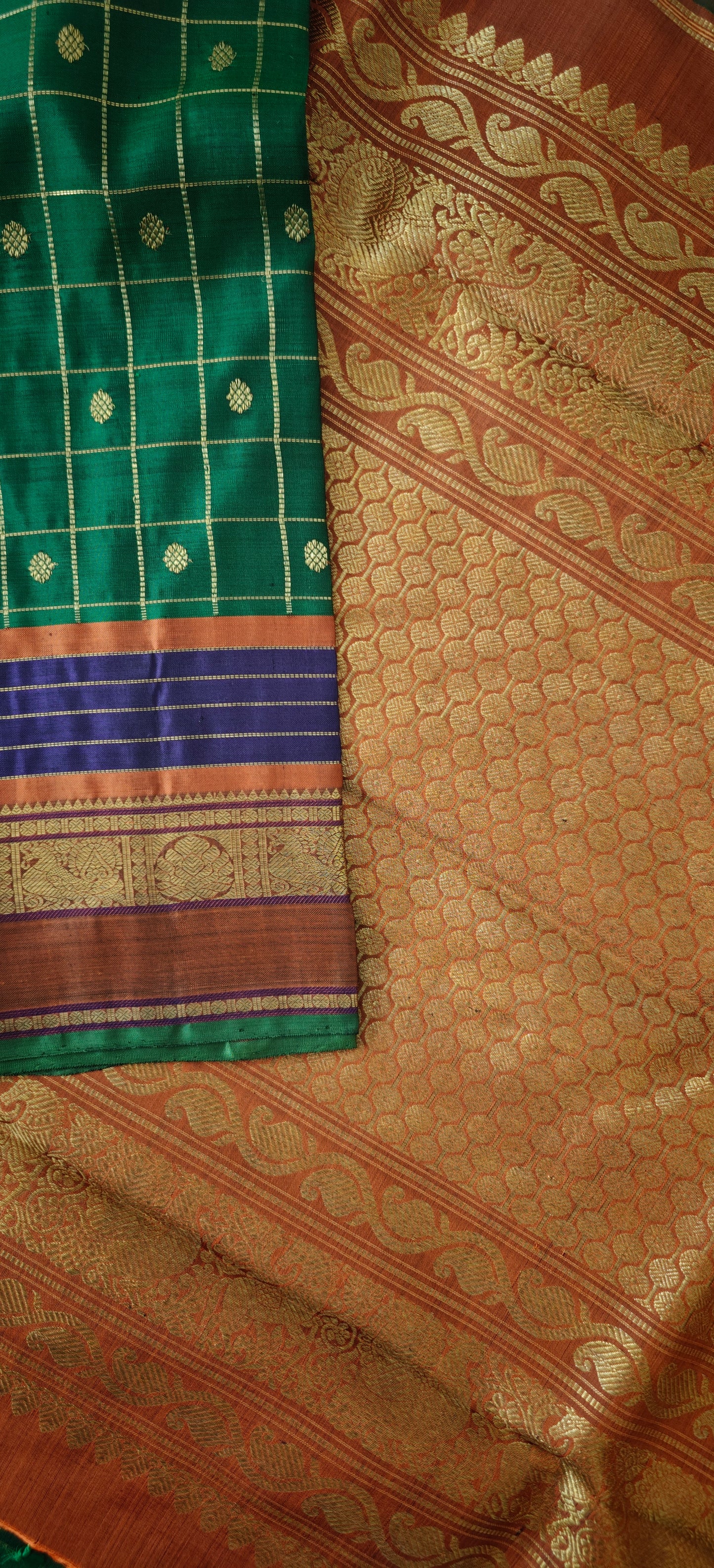 Green and Rust  Kanjivaram Saree | 3-gram Zari