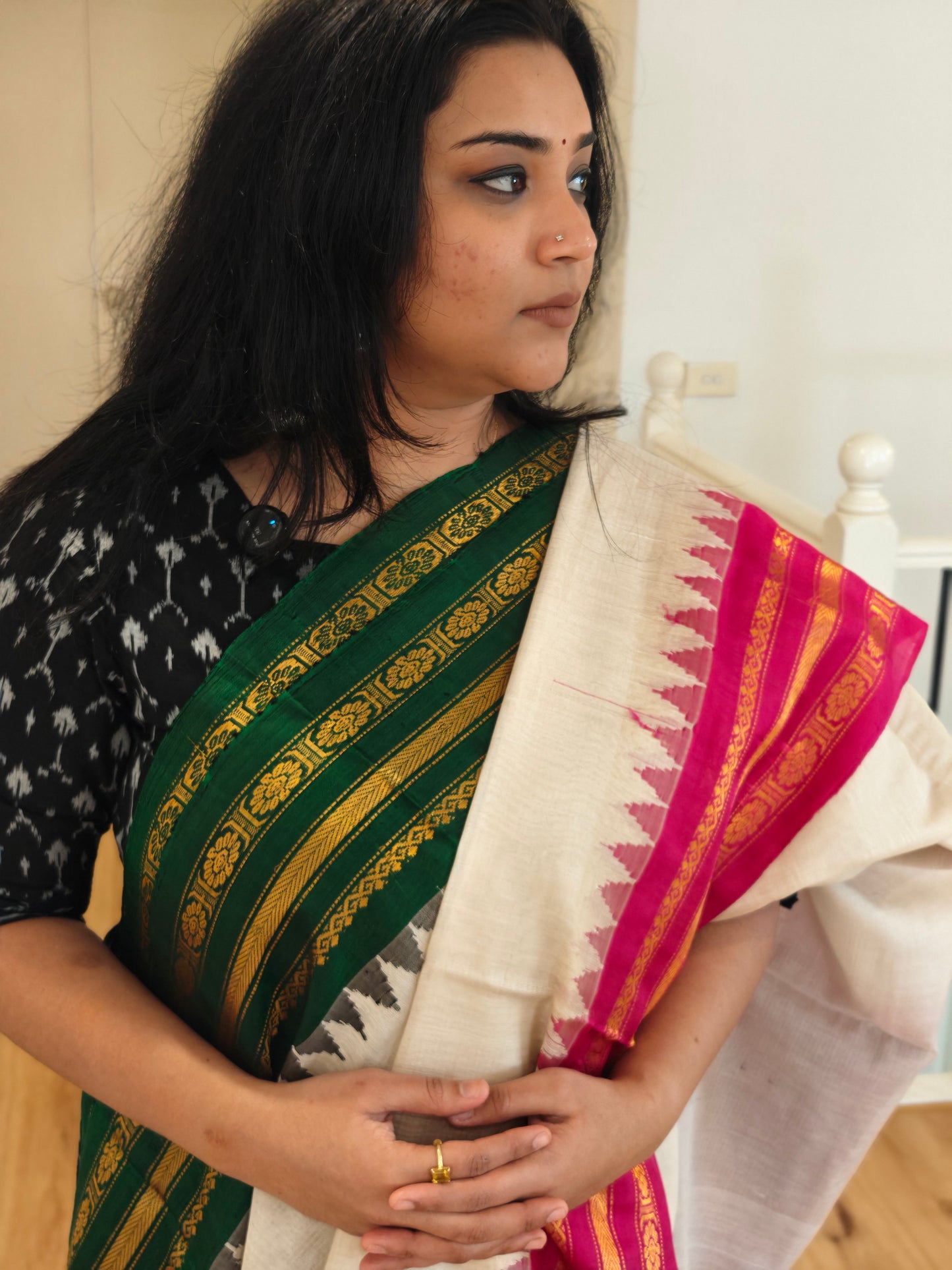 Cream with Green and Pink Silk Cotton Gadwal saree