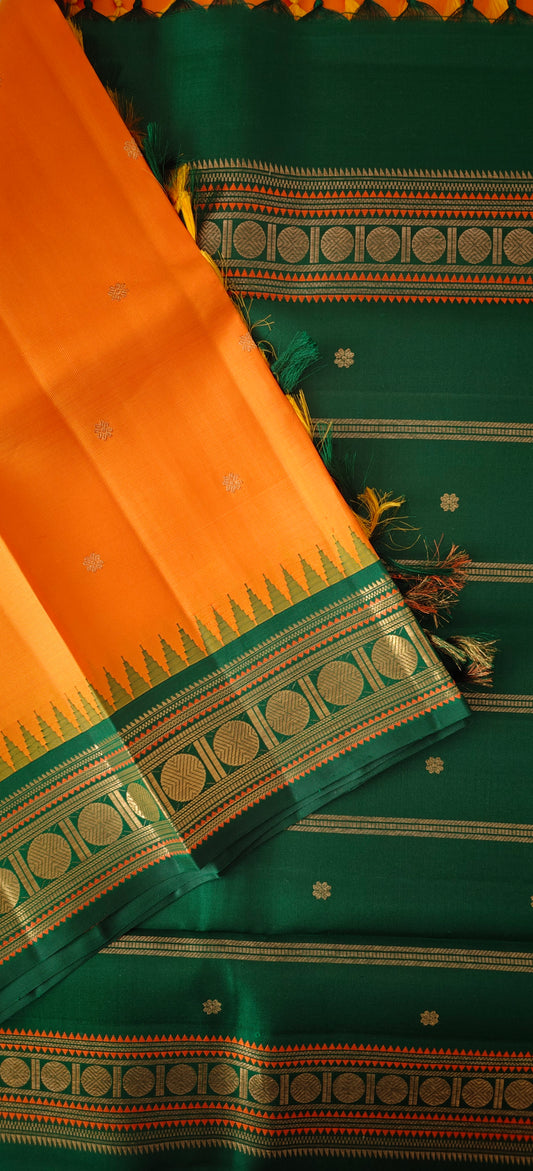 Mango Yellow and Green Kanjivaram Saree | 3-gram Zari