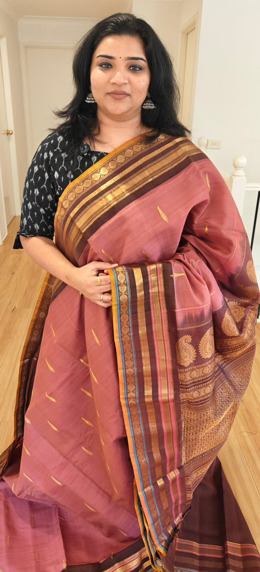 Mauve and Brown Silk Cotton Gadwal saree