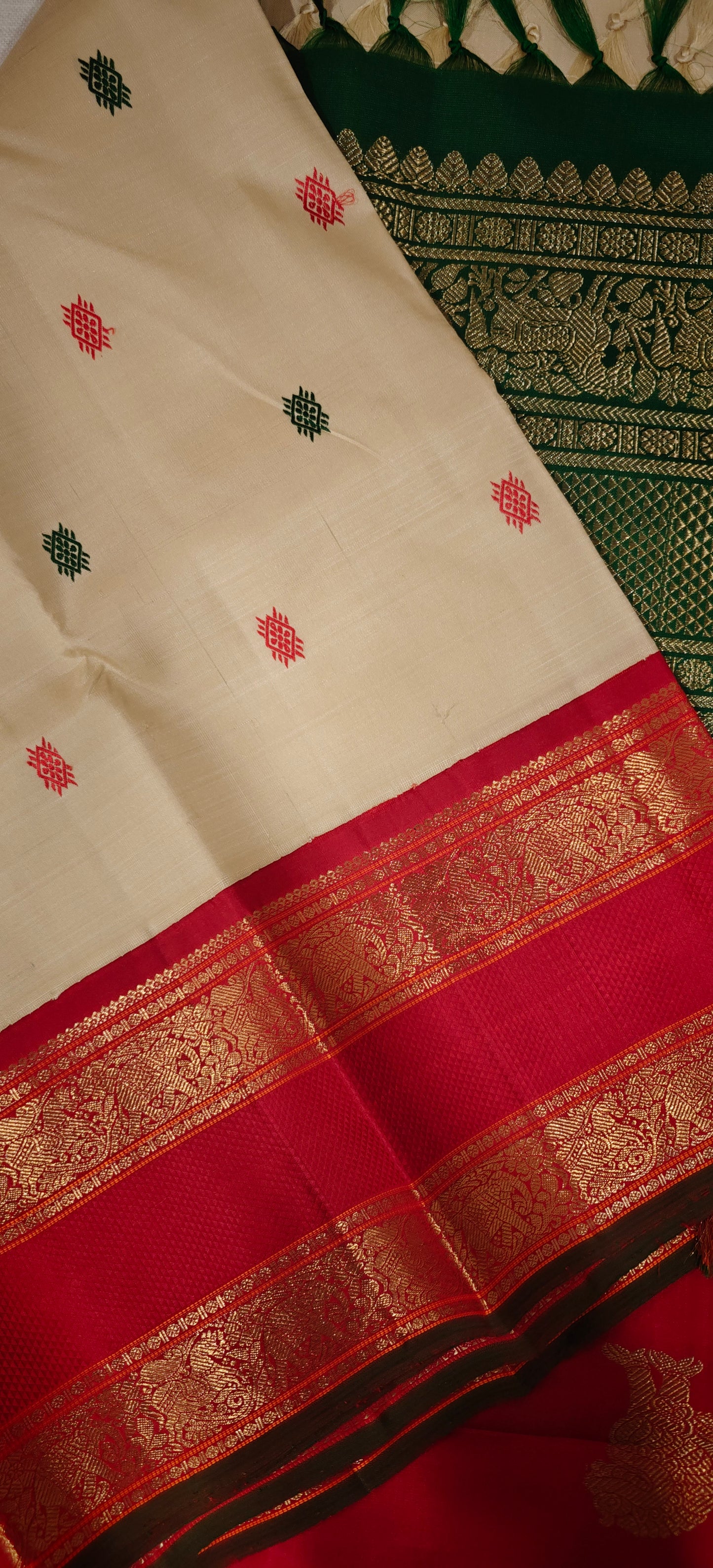 Cream with green and red kanjivaram silk saree
