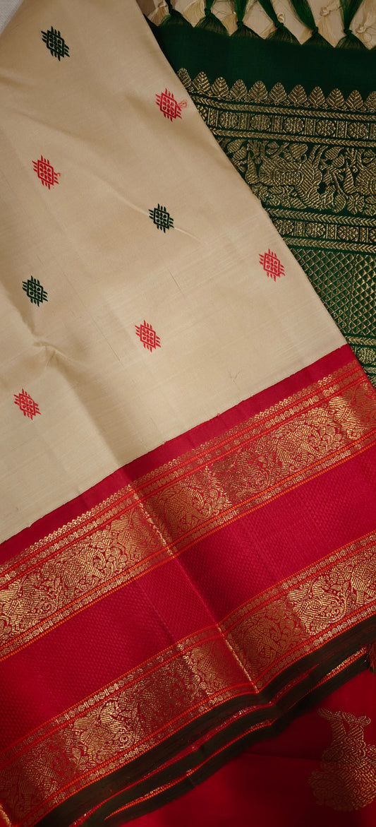 Cream with green and red kanjivaram silk saree