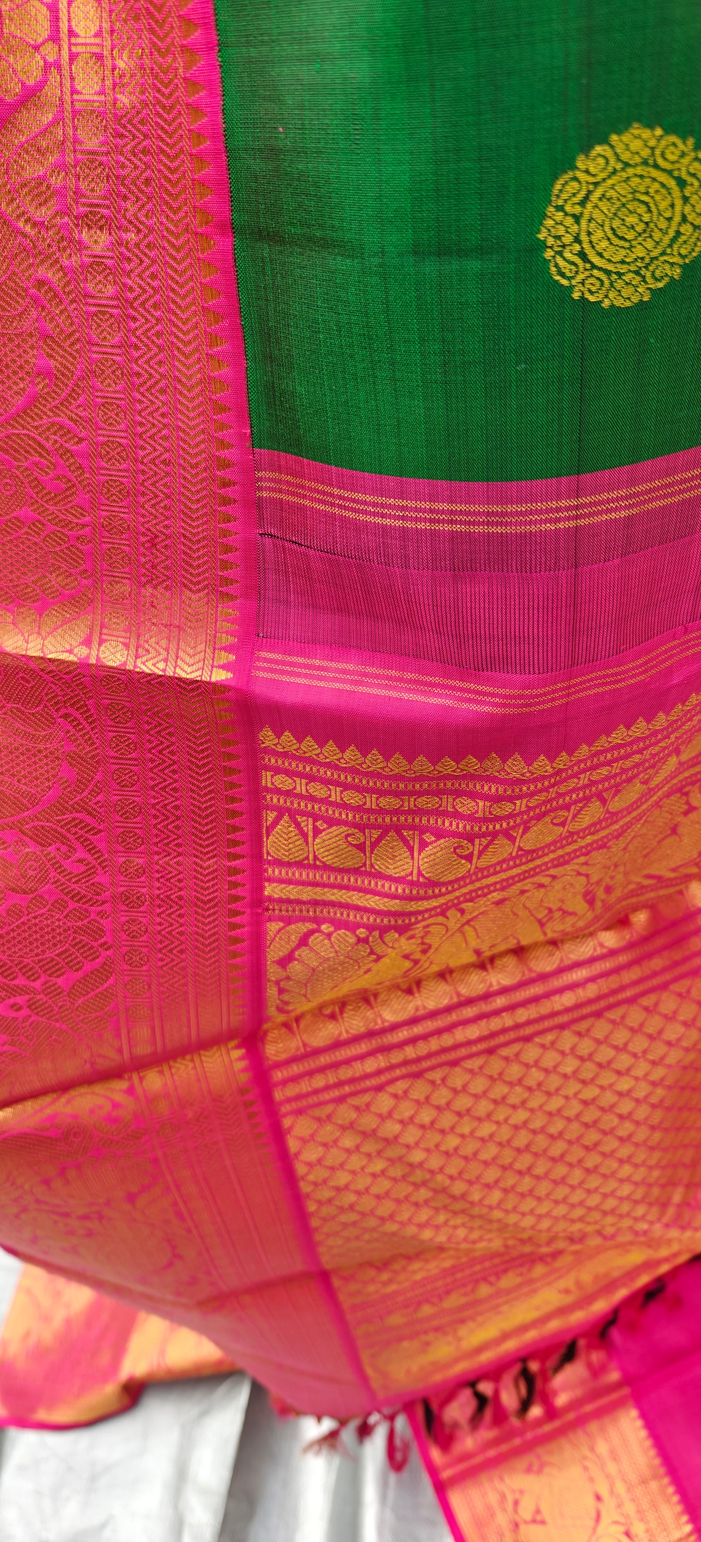 Emerald Green and Rose Pink korvai -Kanjivaram Silk Saree