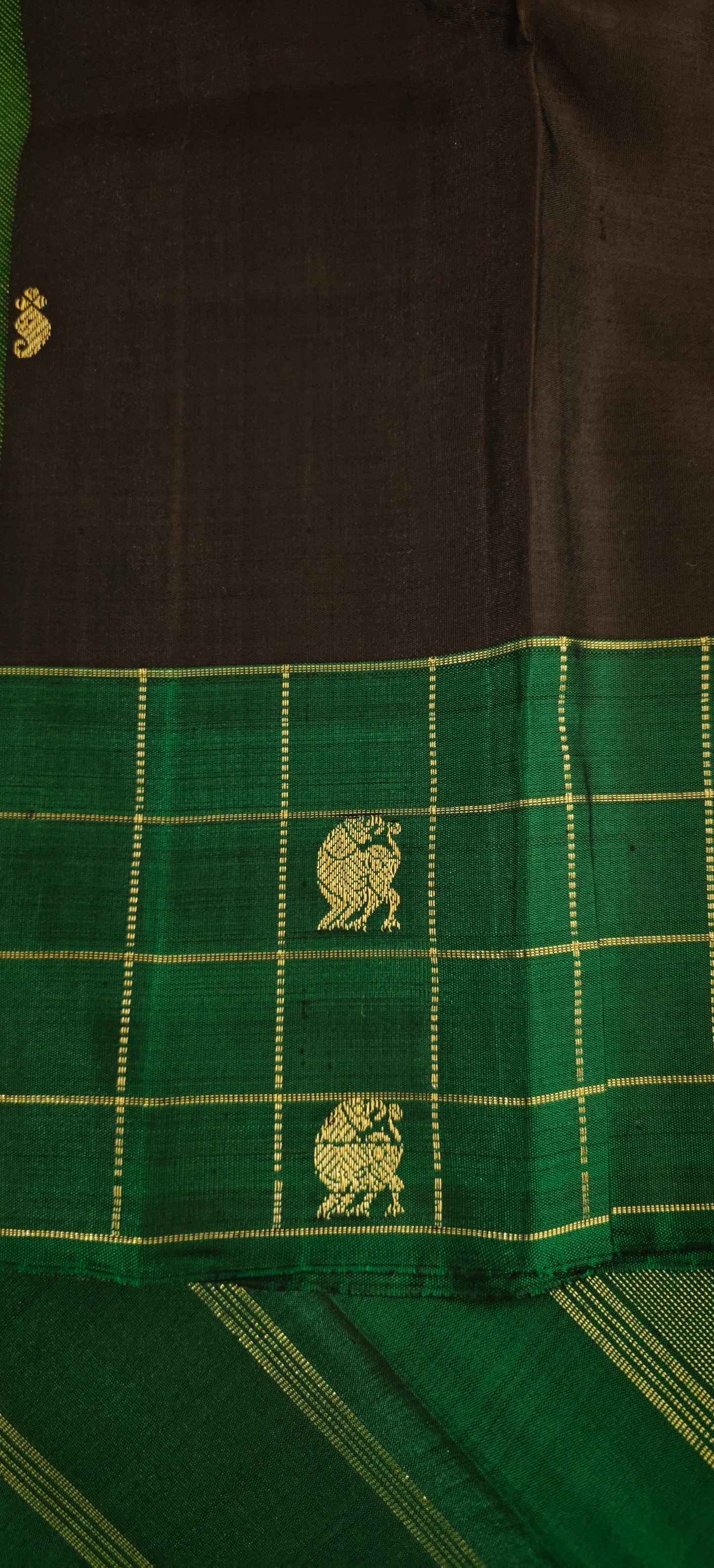 Dark brown(kanchana) and green-Kanjivaram Silk Saree