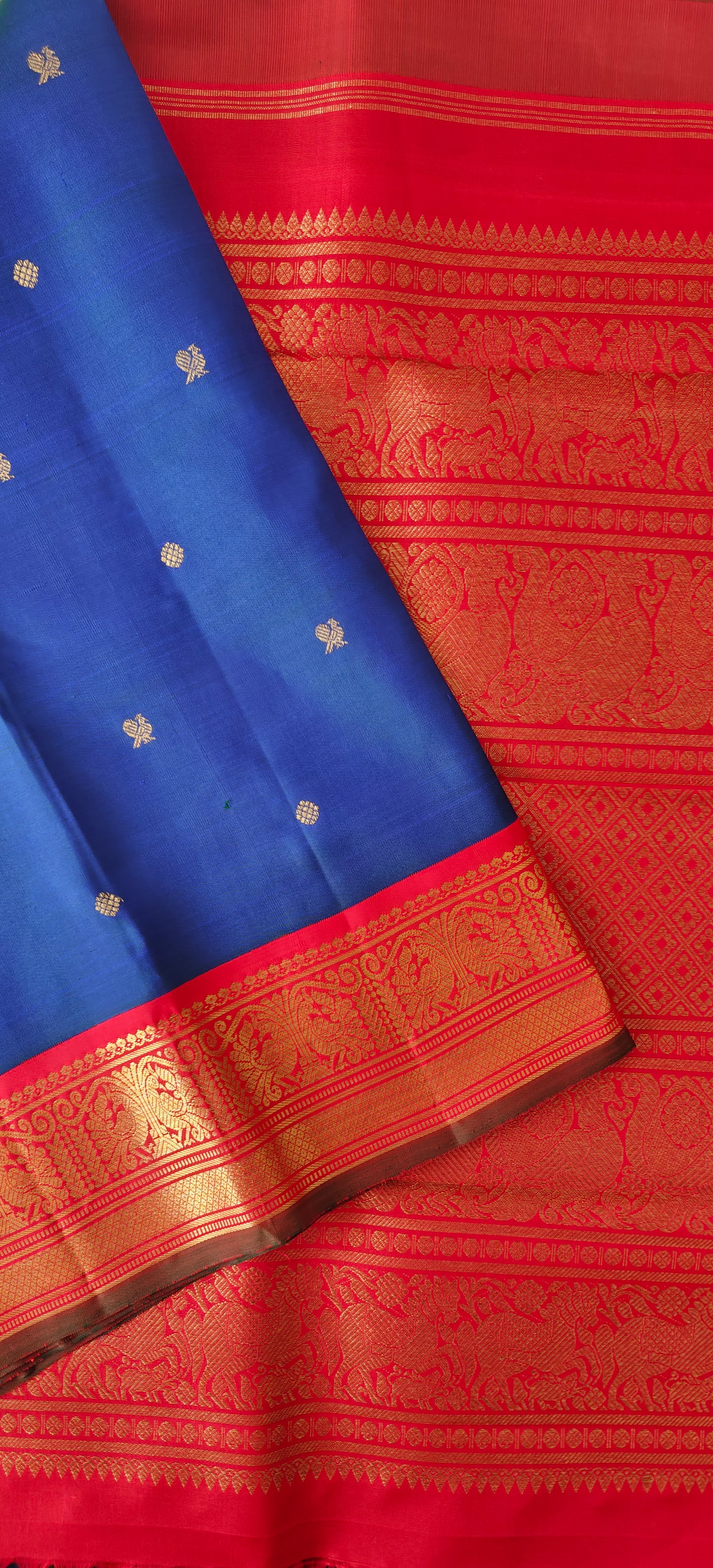 Peacock blue with Red Kanjeevaram silk saree