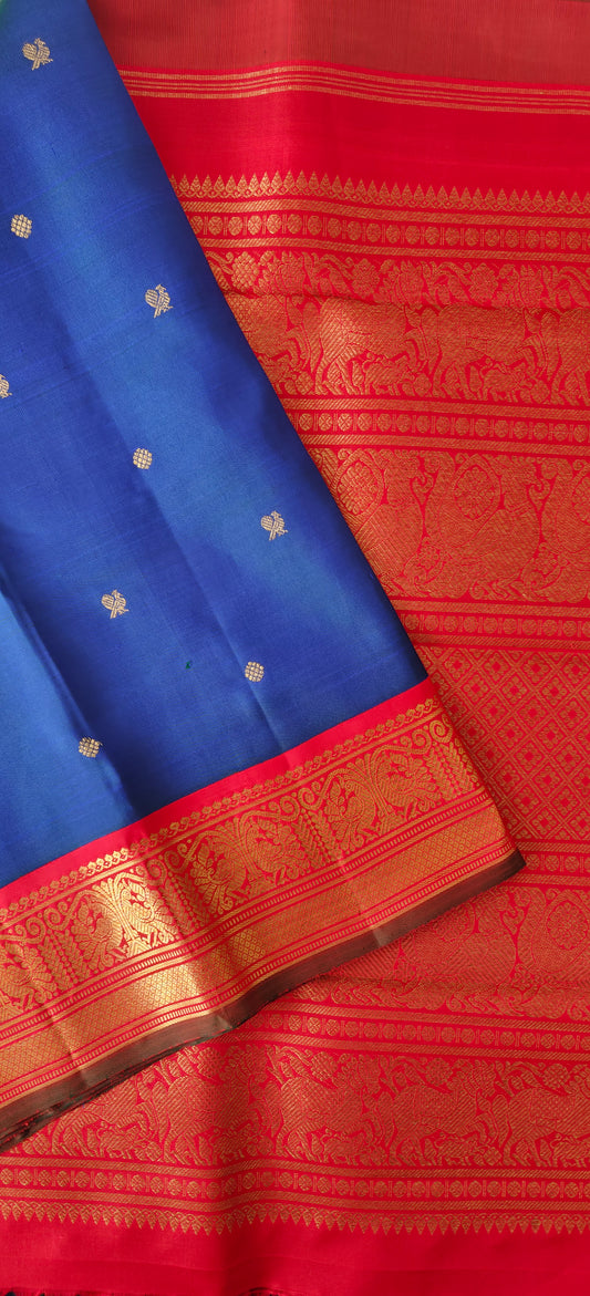 Peacock blue with Red Kanjeevaram silk saree
