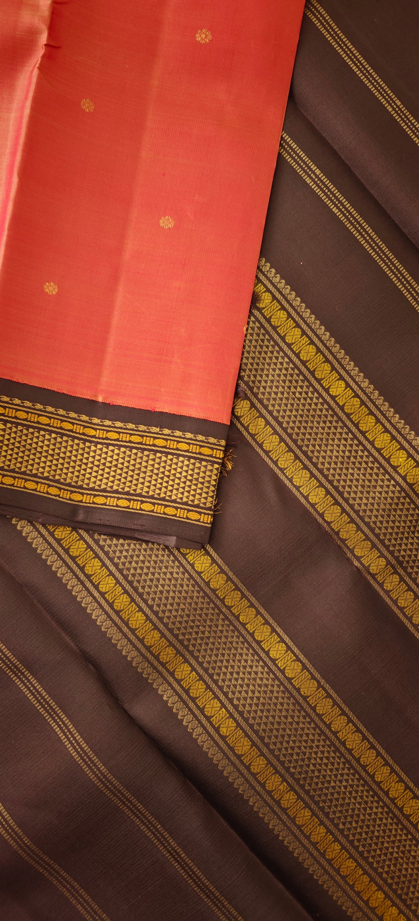 Coral Peach and Dark Brown Kanjivaram Saree | 3-gram Zari