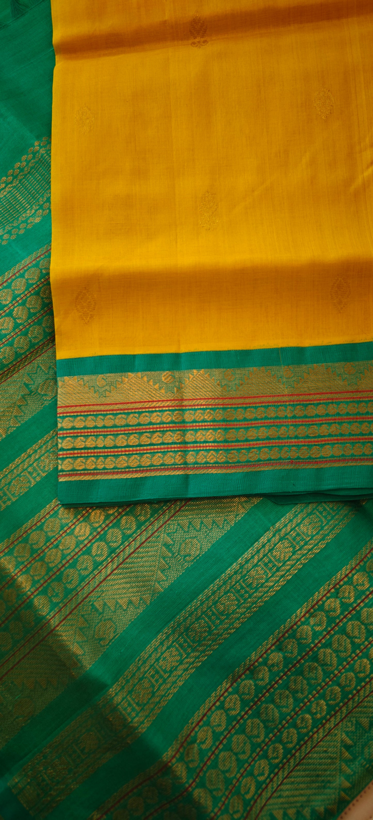 Lemon yellow and teal blue Kanjivaram silk cotton