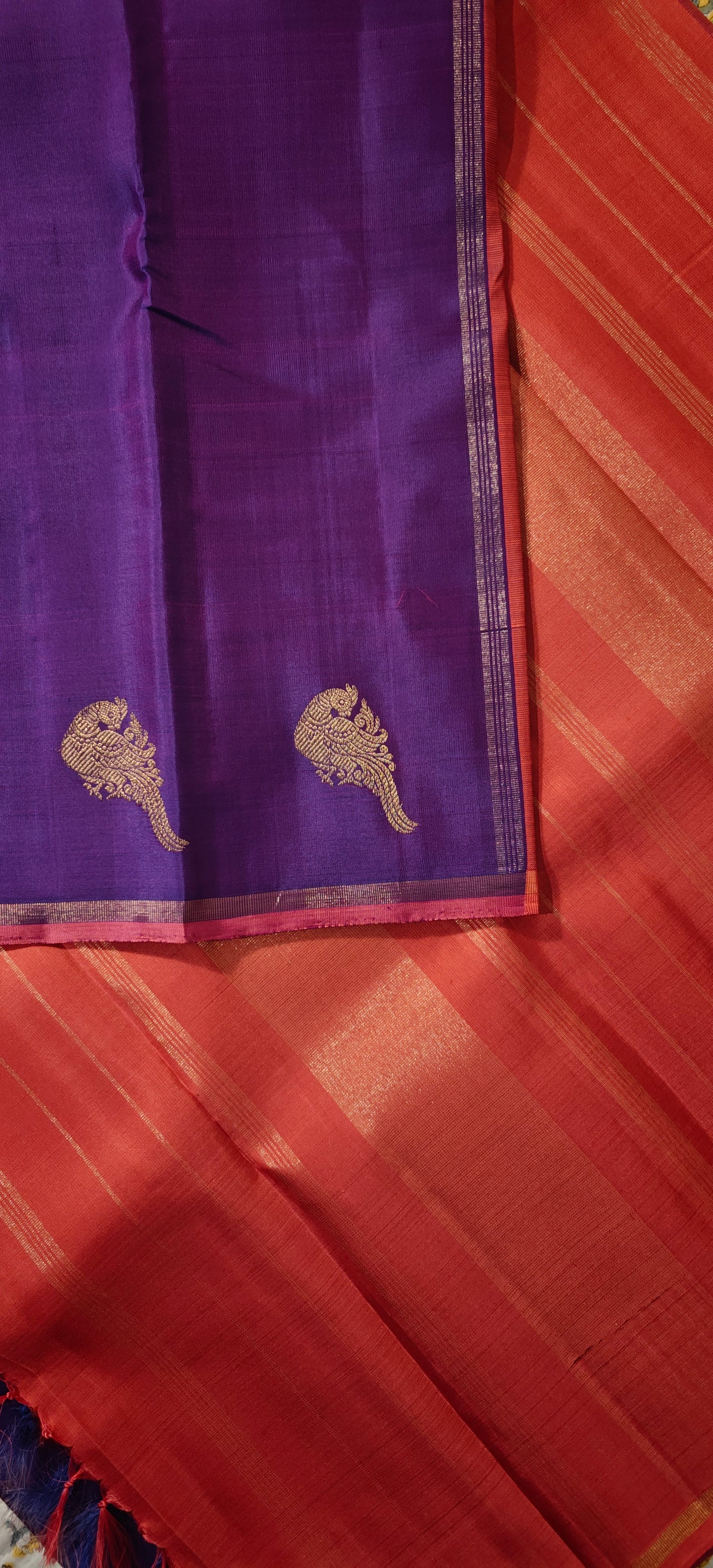 Purple and Peachy pink borderless kanjivaram silk saree