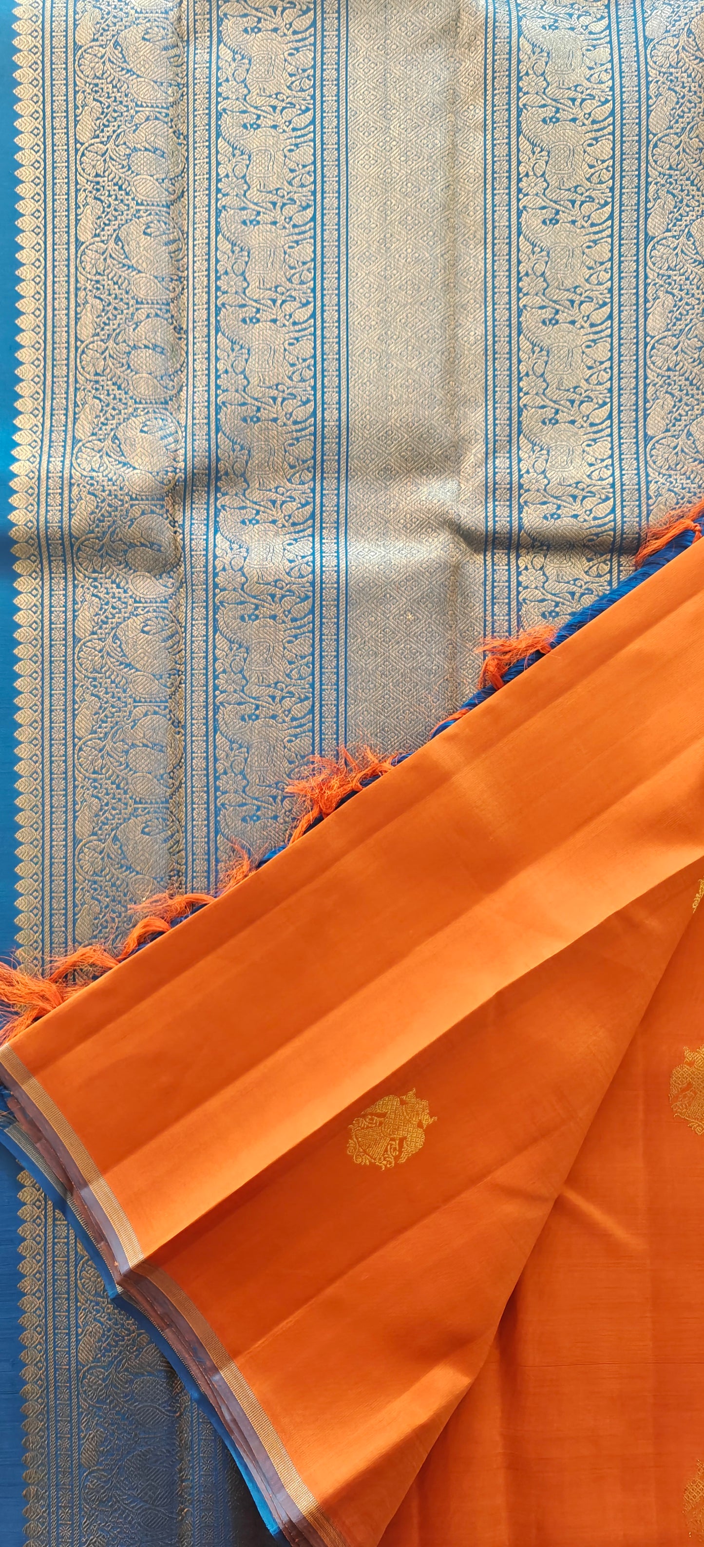 Burnt Orange  with Cobalt  Blue-Kanjivaram Silk Saree