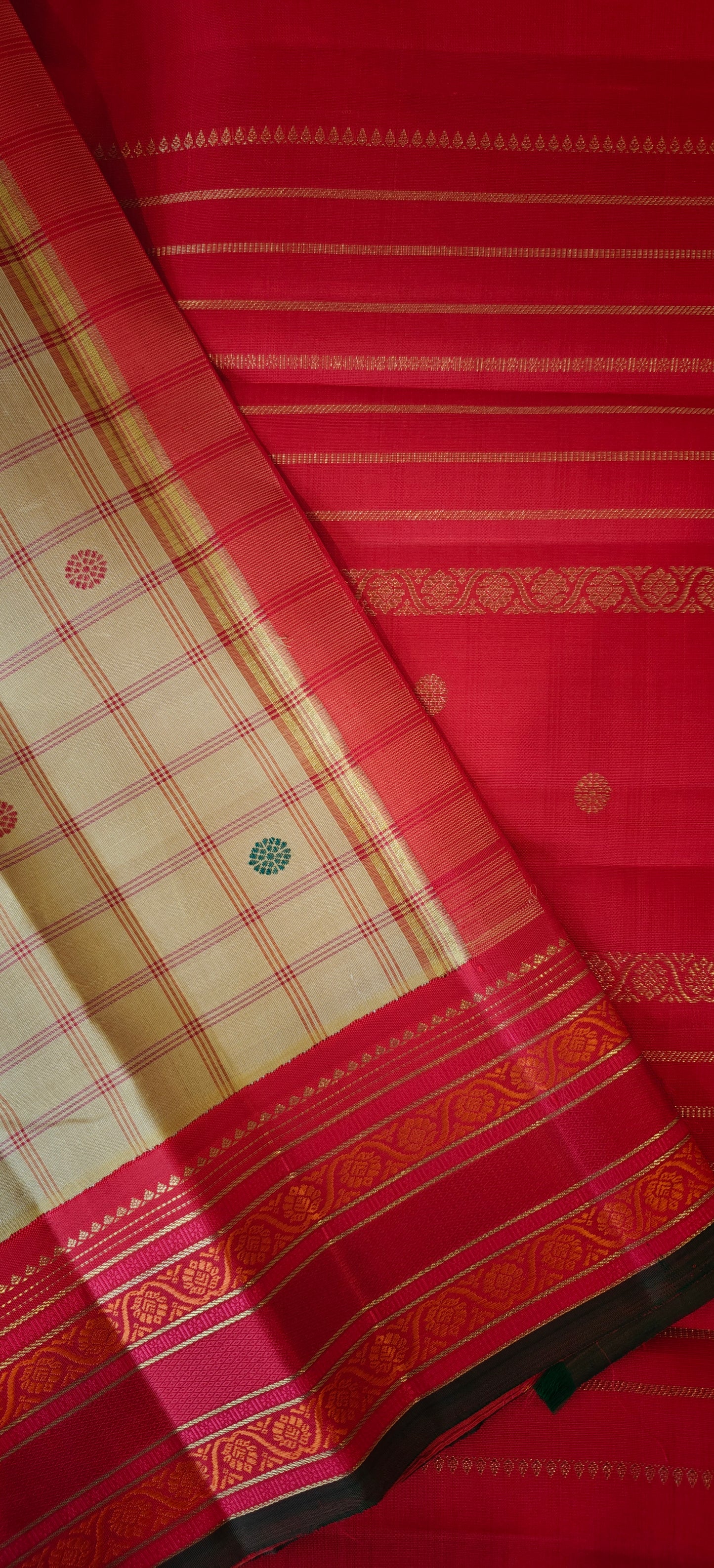 Beige and Red kanjivaram silk saree