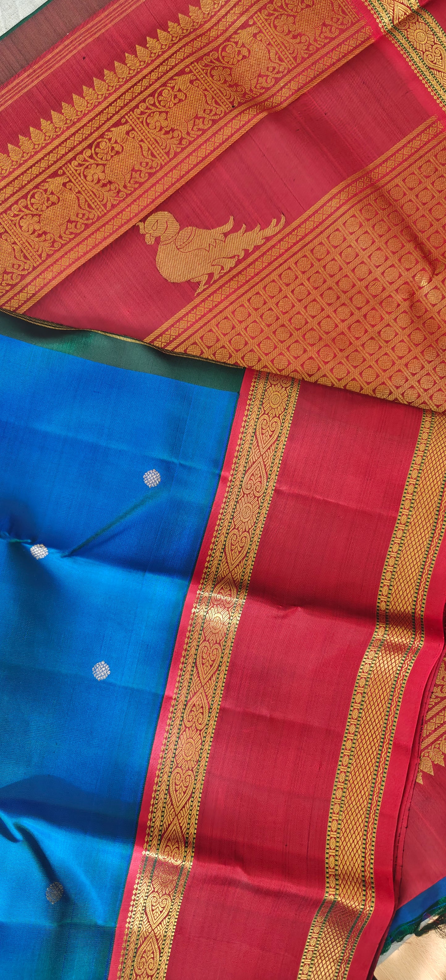Peacock blue and maroon kanjivaram silk saree