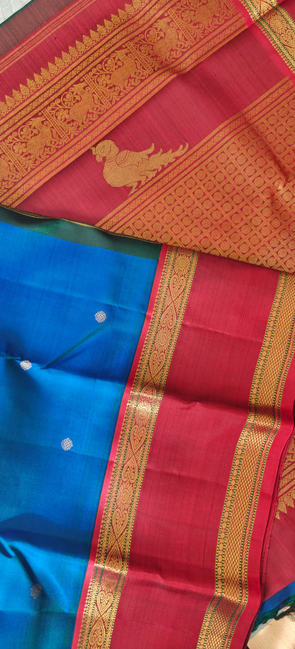 Peacock blue and maroon kanjivaram silk saree
