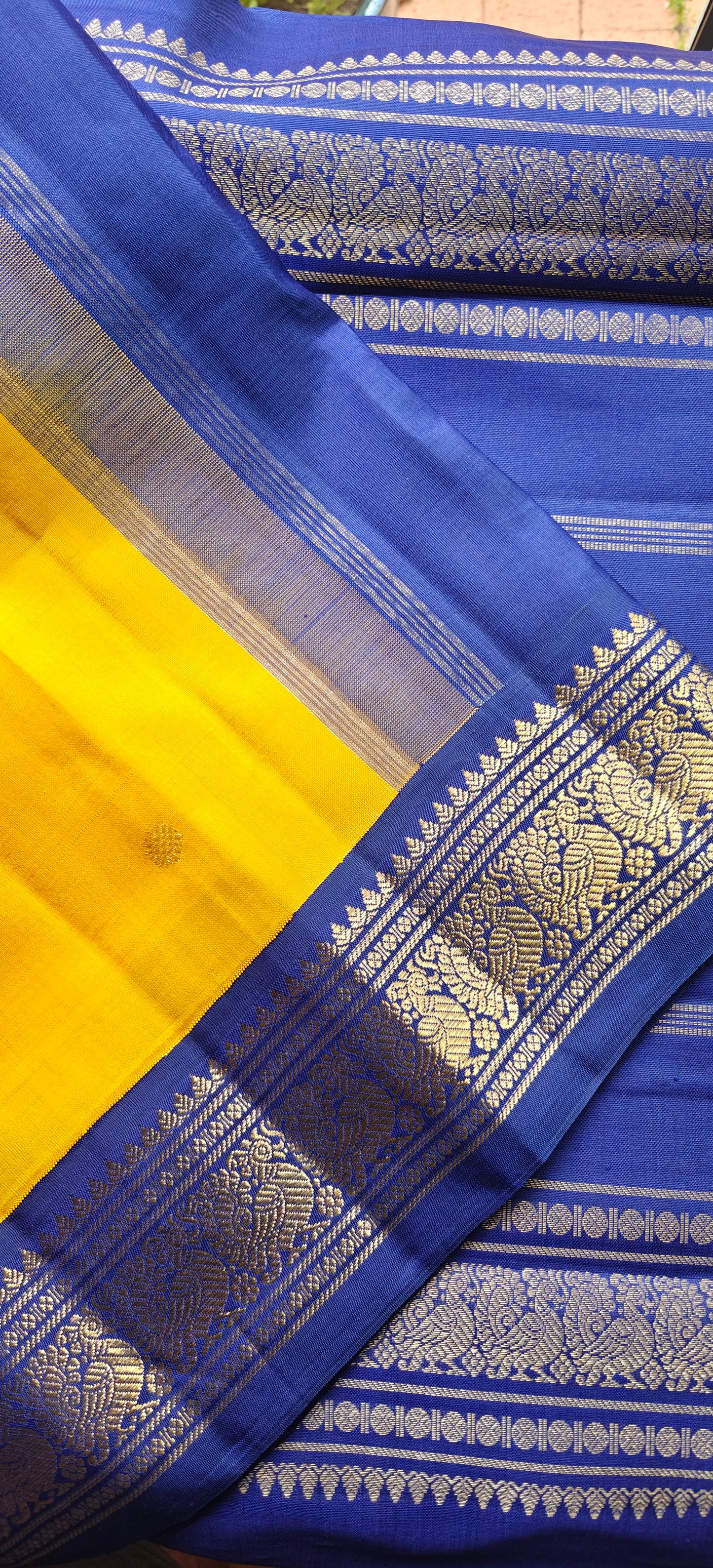 Yellow and Blue Kanjivaram silk saree