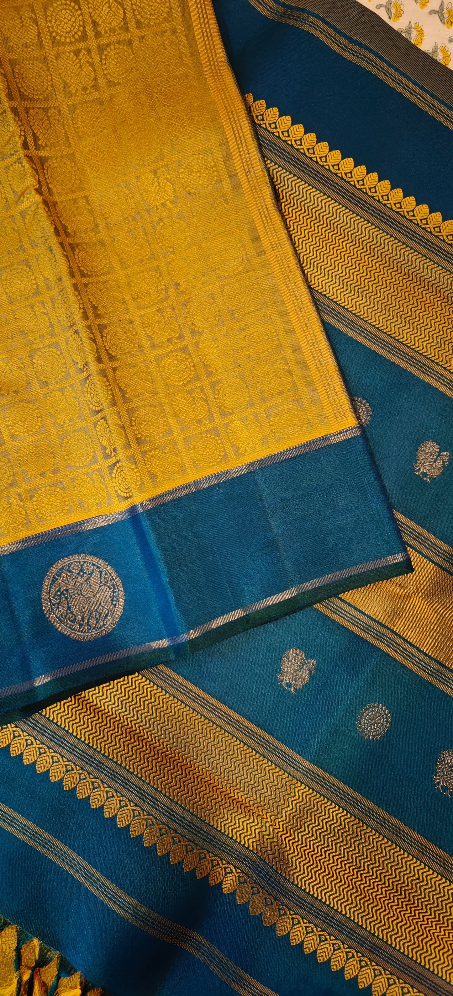 Golden Thread with Cobalt Blue Handwoven Kanjivaram Silk Sari