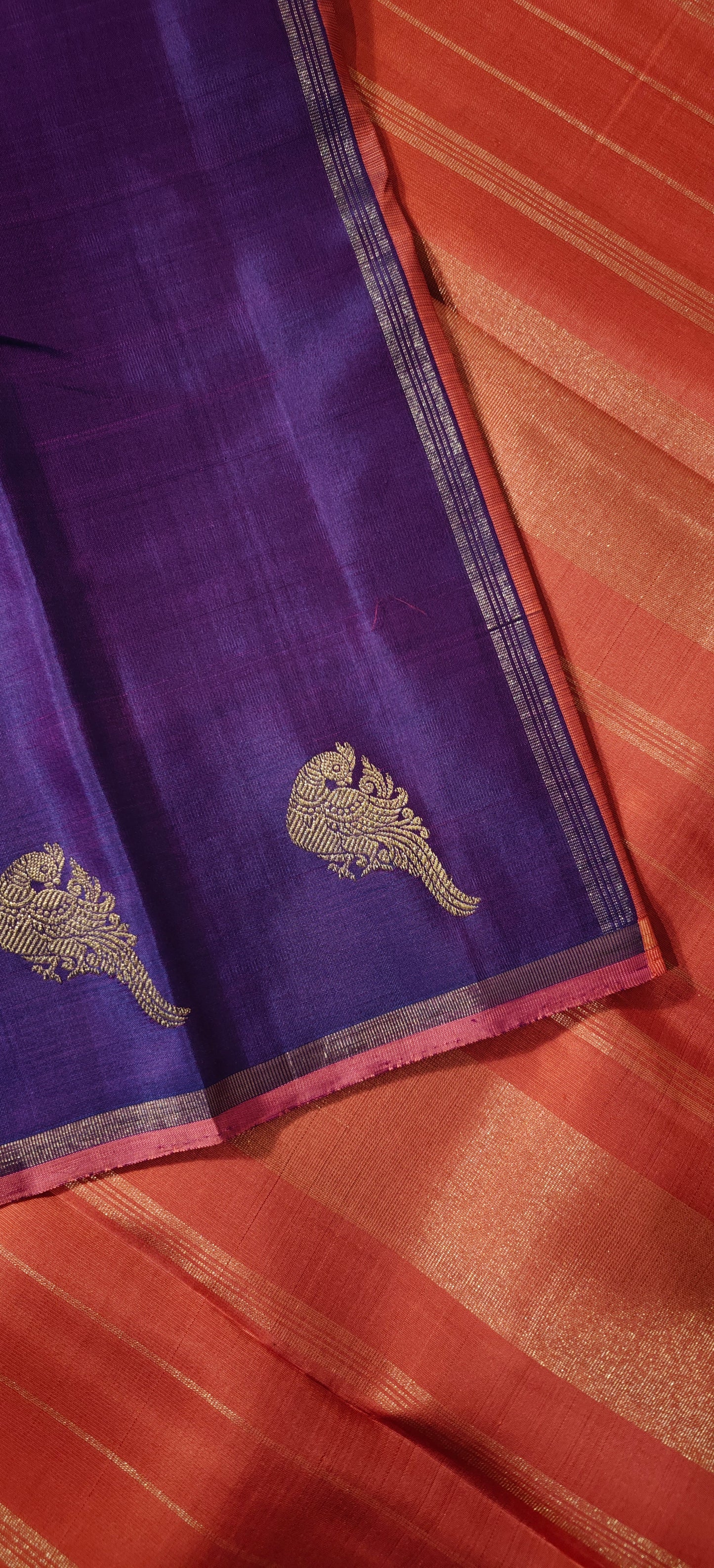 Purple and Peachy pink borderless kanjivaram silk saree