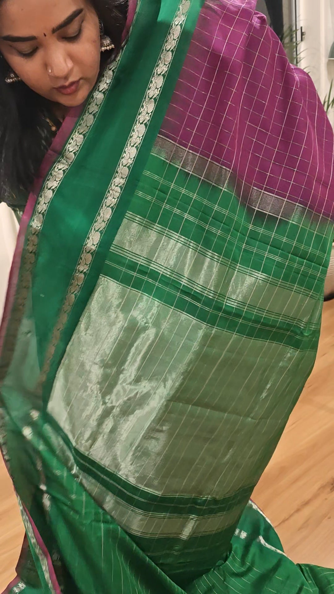 Plum Pink and Leaf Green Gadwal Silk Sari