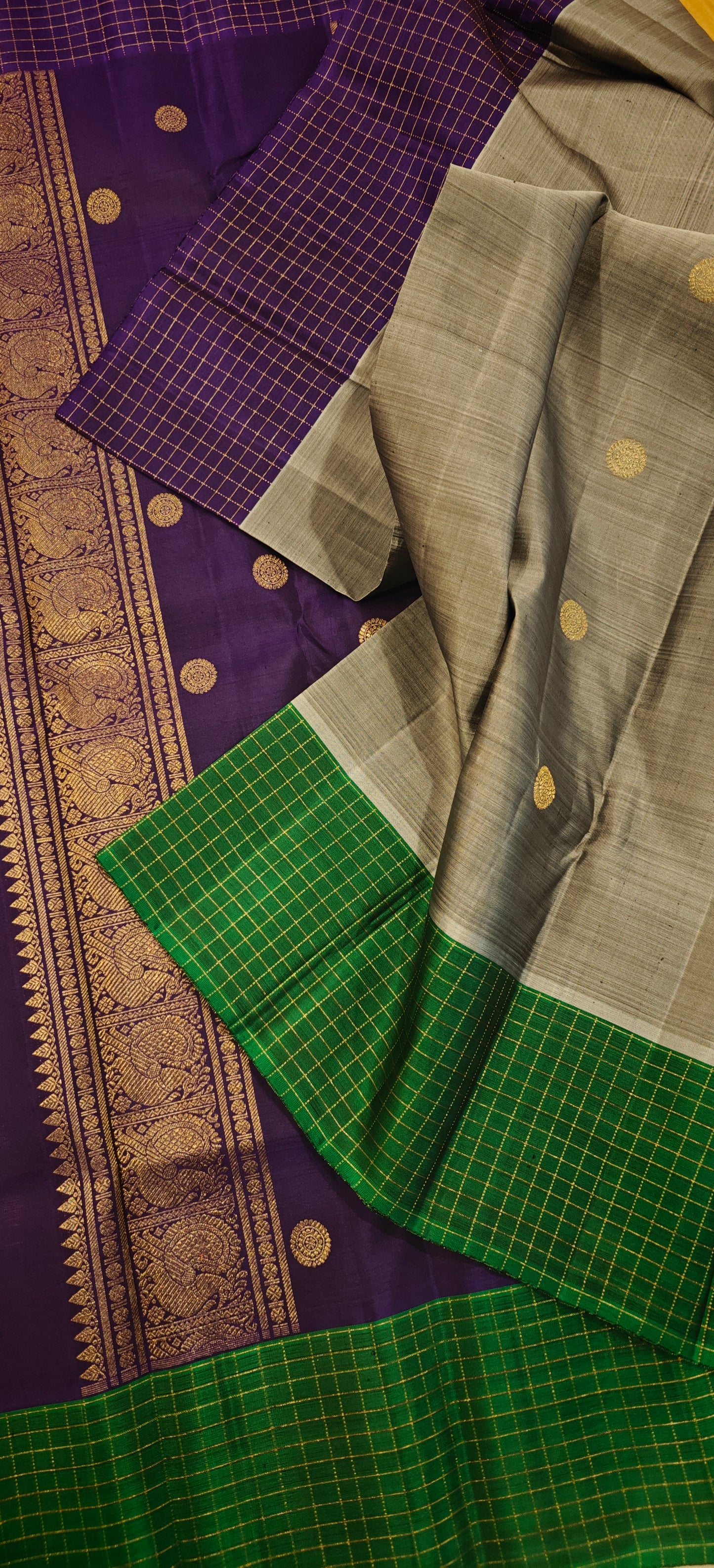 Grey body with green and violet Ganga Jamuna -Kanjivaram Silk Saree