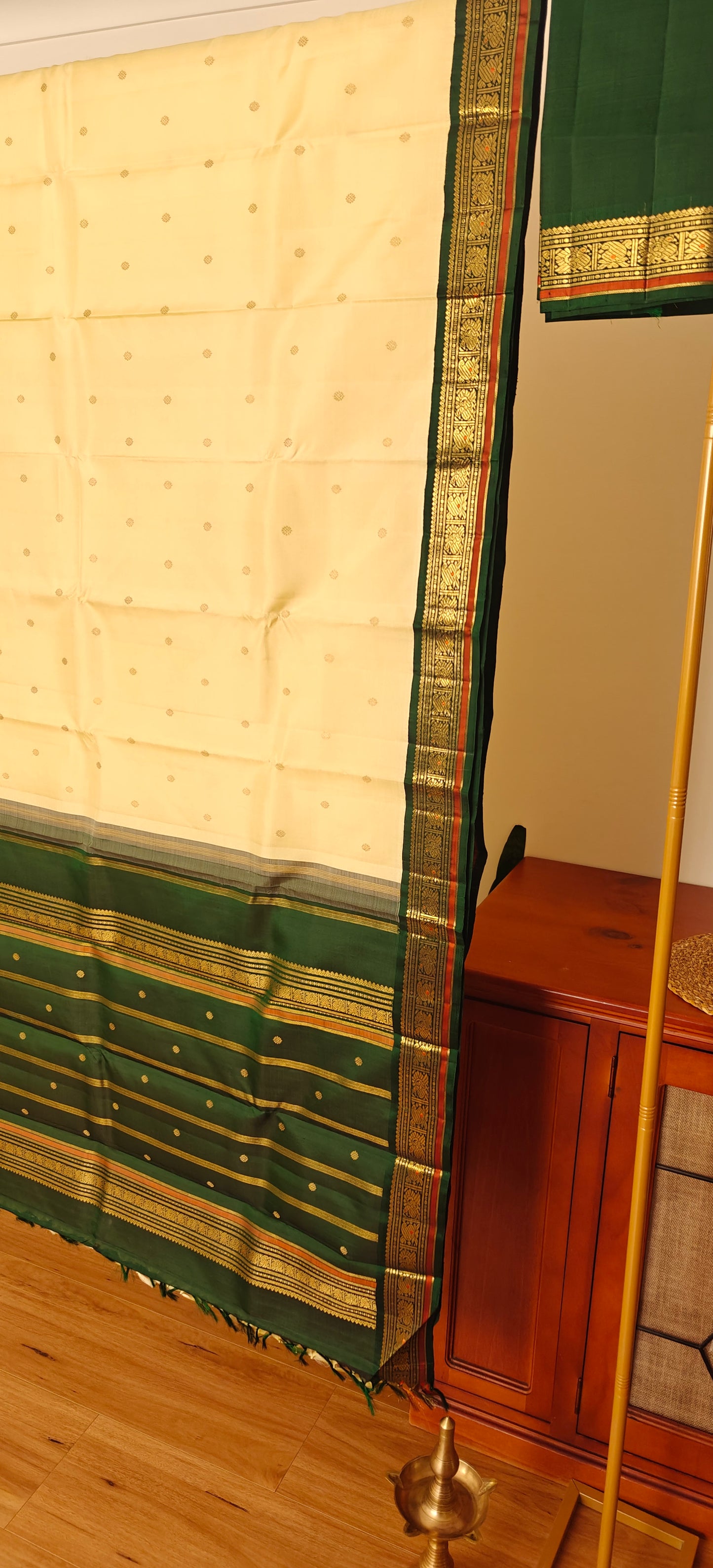 Cream and green kanjivaram silk saree