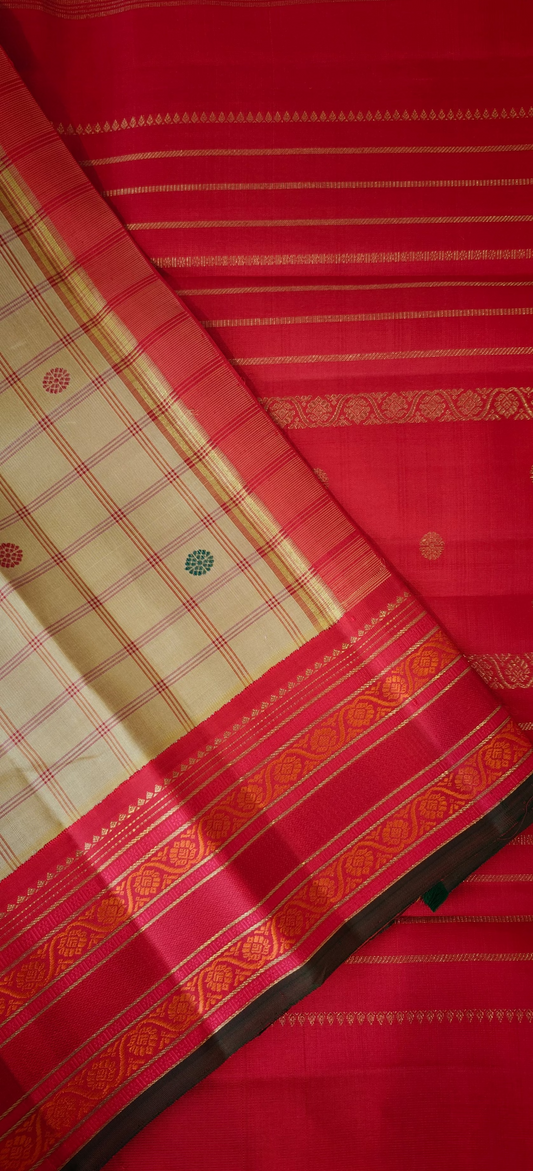 Beige and Red kanjivaram silk saree