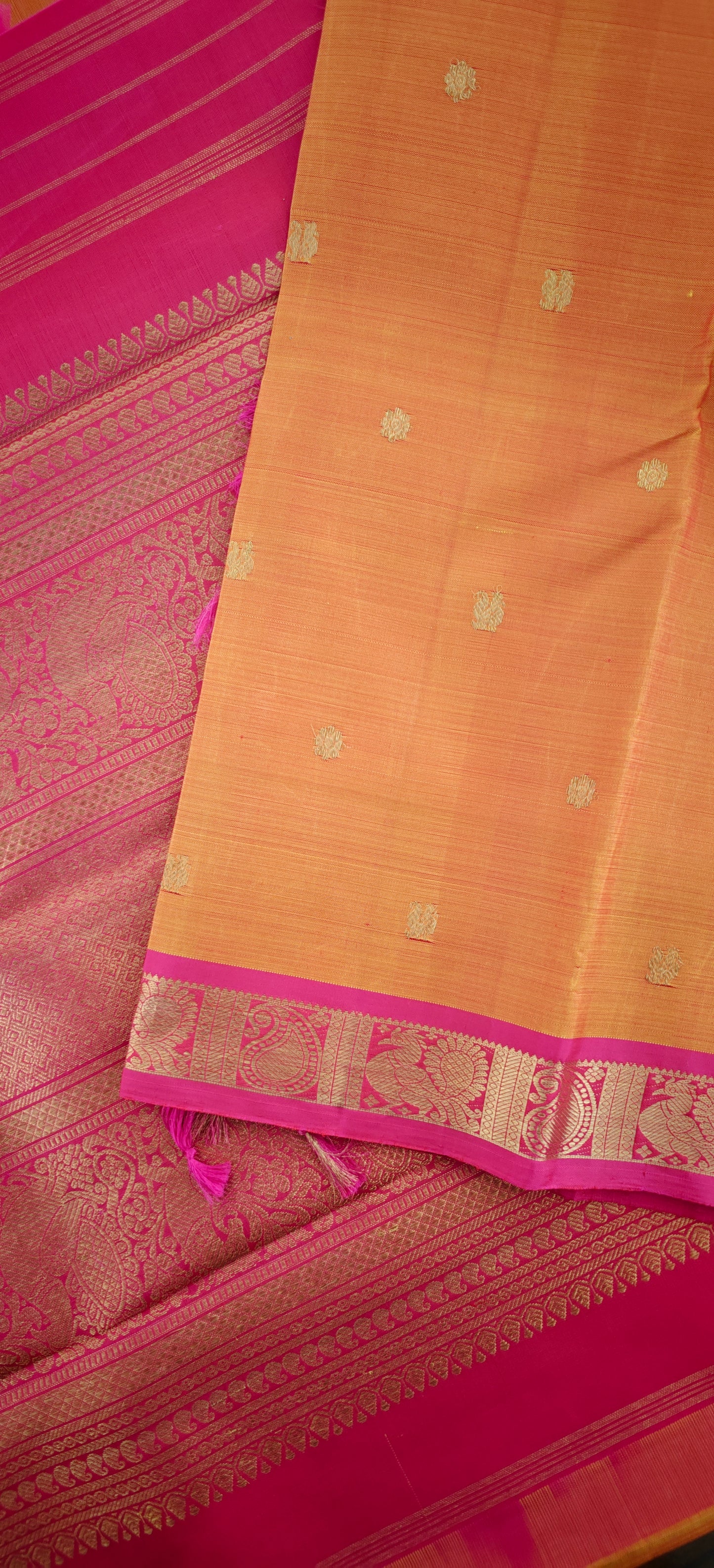 Kesar Orange and Rani Pink Handwoven Kanjivaram Silk Sari