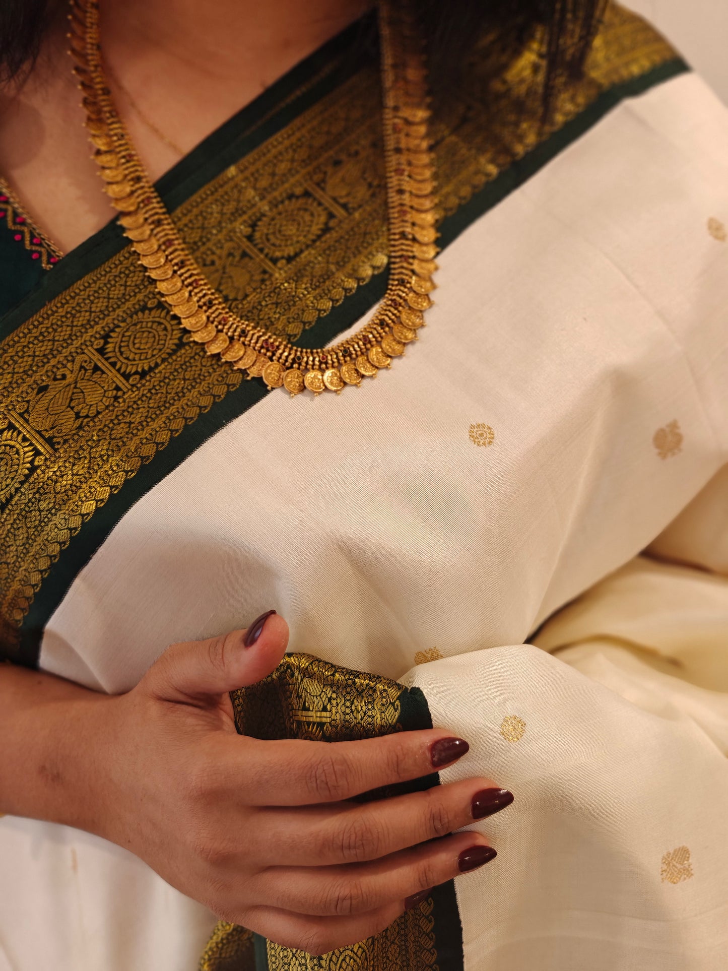 Cream and White -Korvai Kanjivaram Silk Sari