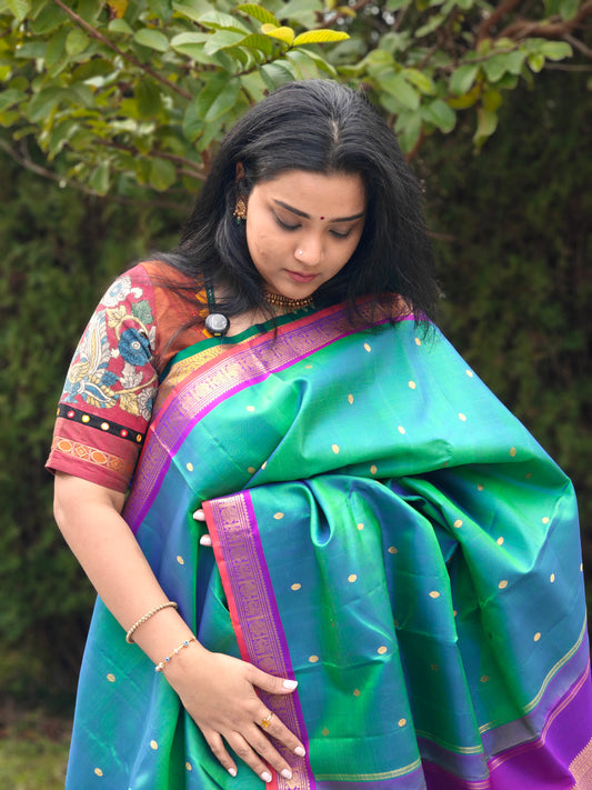 Pre Order:Peacock Green and Violet- Kanjivaram Silk Saree