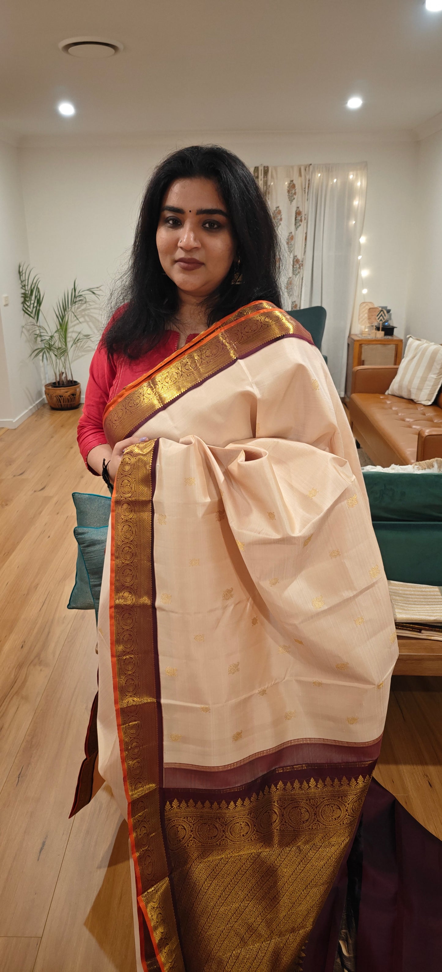 Cream with coffee brown kanjivaram silk saree