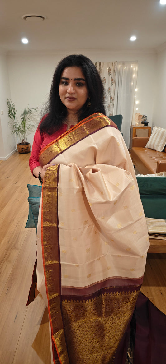Cream with coffee brown kanjivaram silk saree