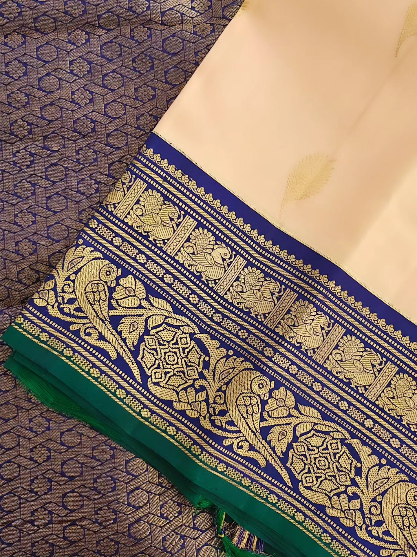 Beige  with pink dual tone and blue border-Kanjivaram Silk Saree