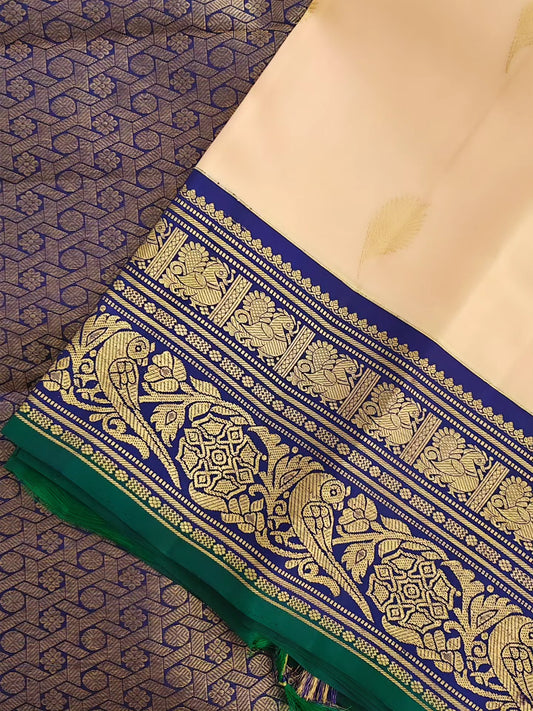 Beige  with pink dual tone and blue border-Kanjivaram Silk Saree