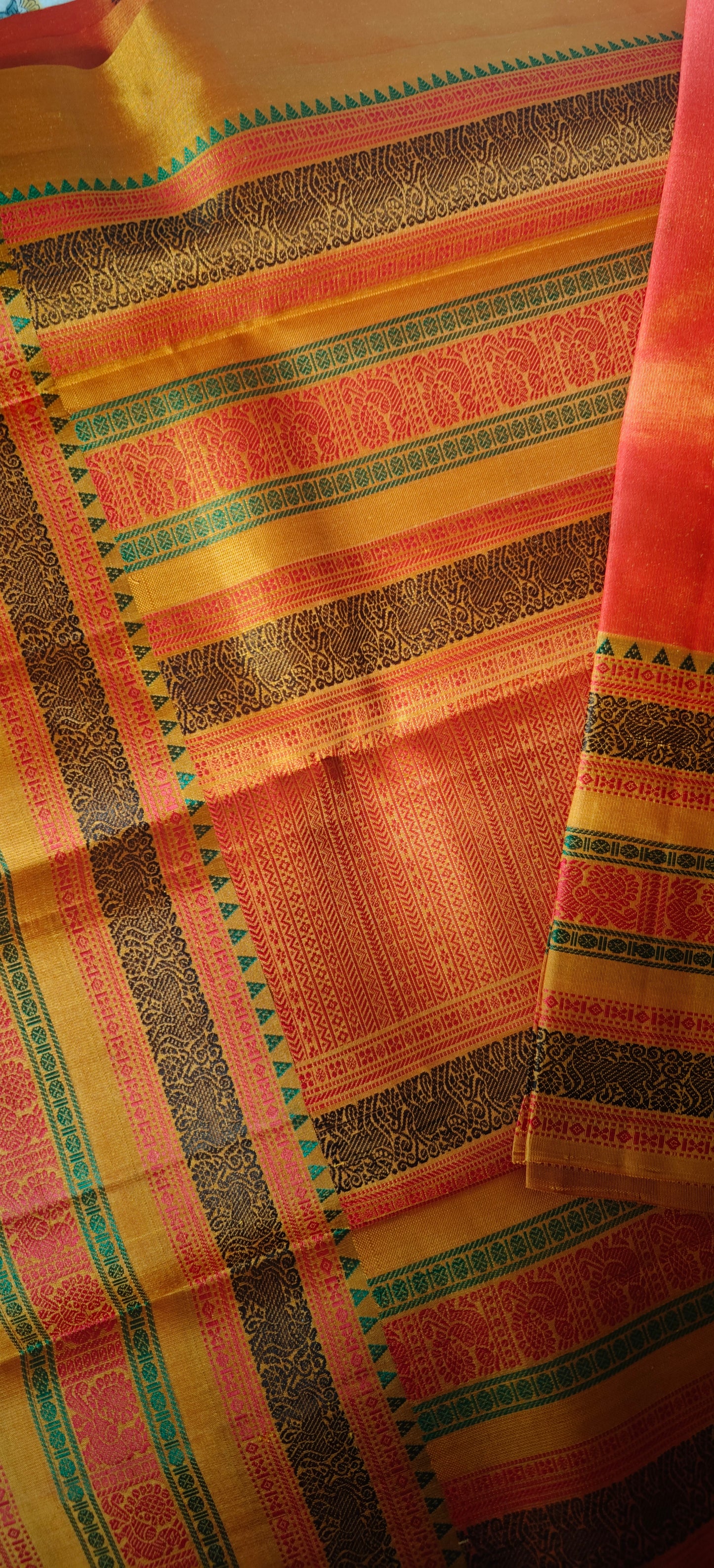 Marigold Orange and Yellow No Zari Handwoven Kanjivaram