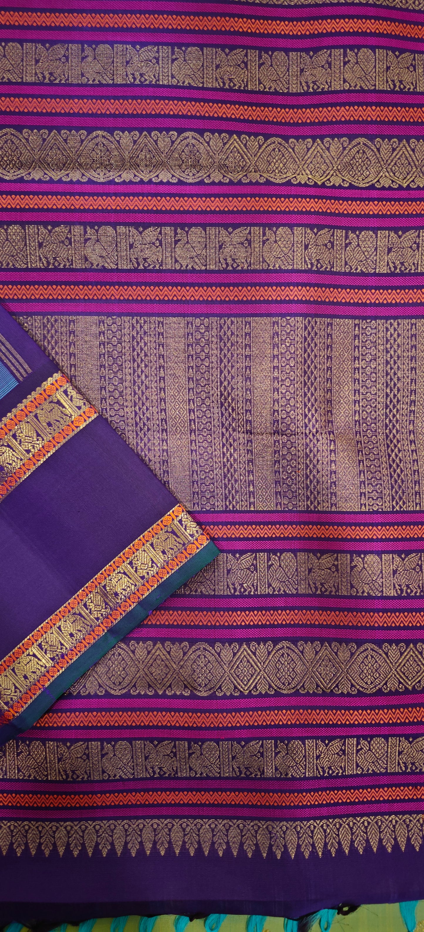 Greenish blue(Ponvandu) with Purple Kanjivaram silk saree