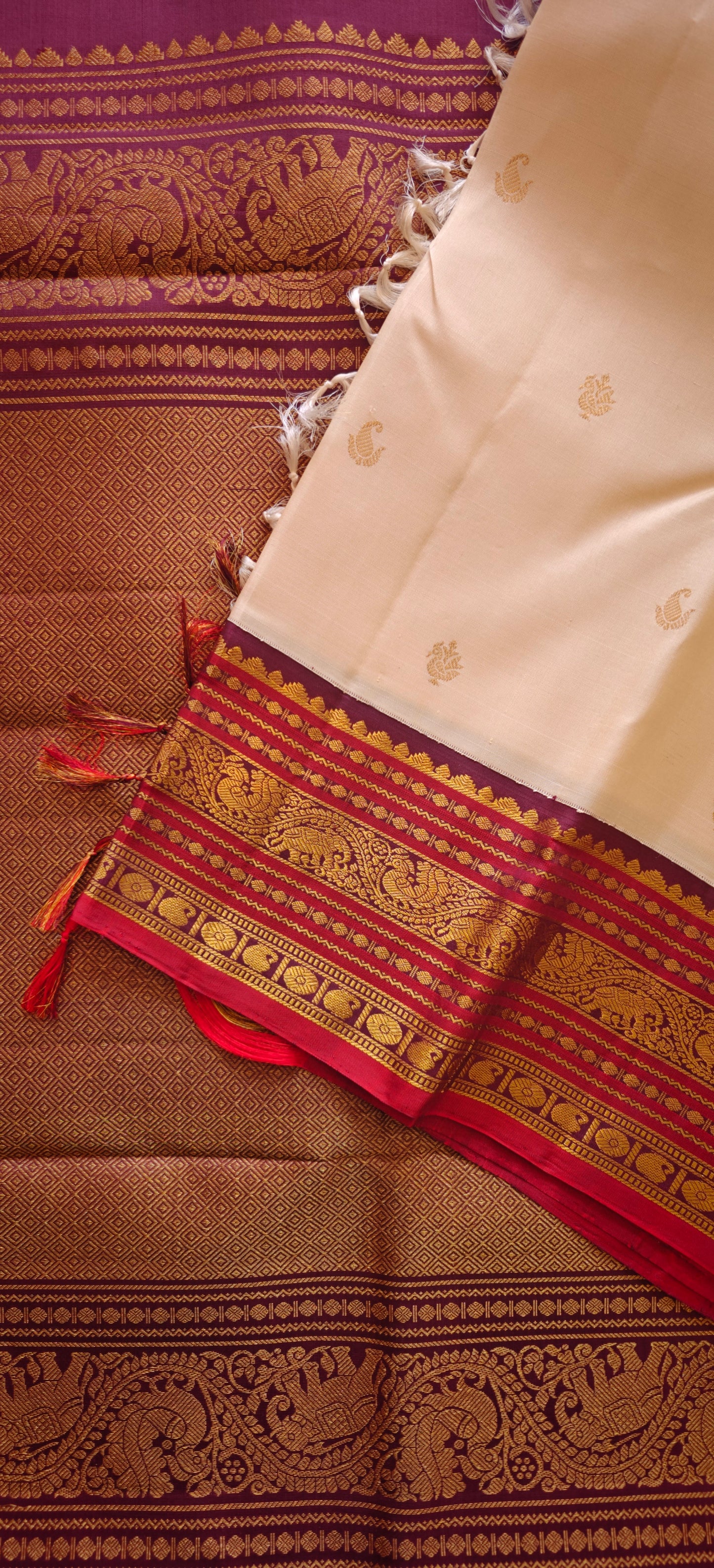 Cream and Brown korvai -Kanjivaram Silk Saree